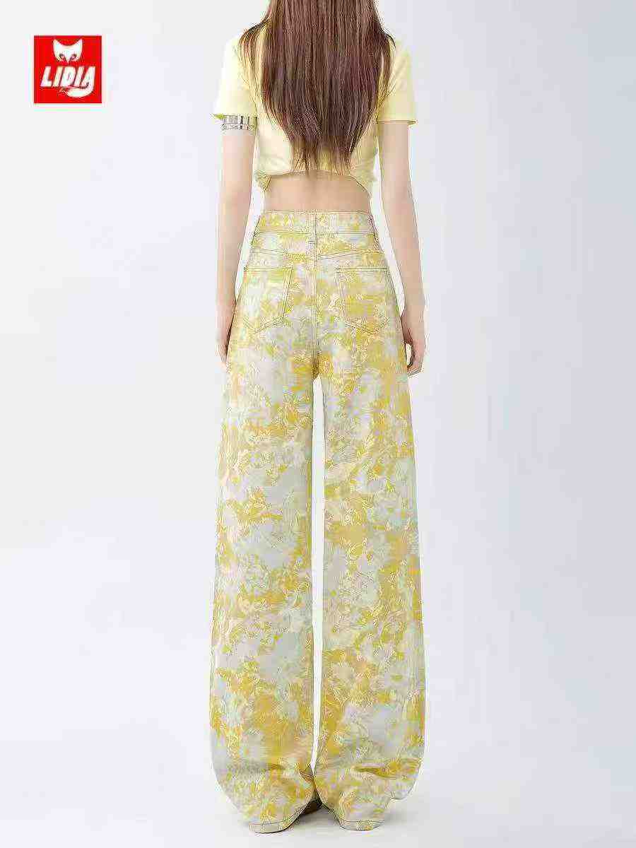 Unisex Yellow Tie Dye Printed High Waist Wide Leg Jeans, About 256 Pcs, Size L-3XL - Image 3