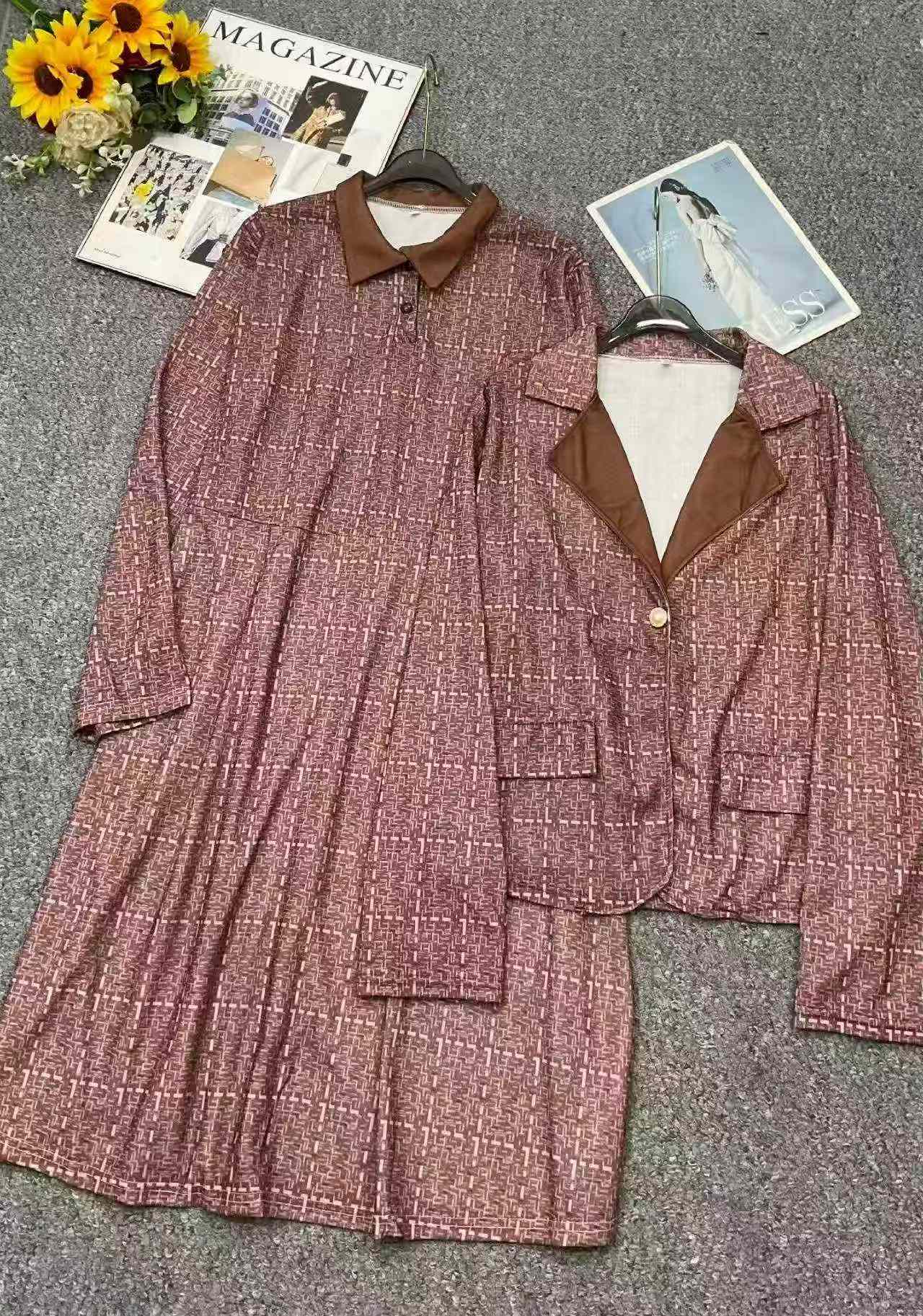Spring Autumn 2-Piece Women Tweed Style Coat & Long Sleeve Dress 407 Sets Stock Wholesale - Image 2