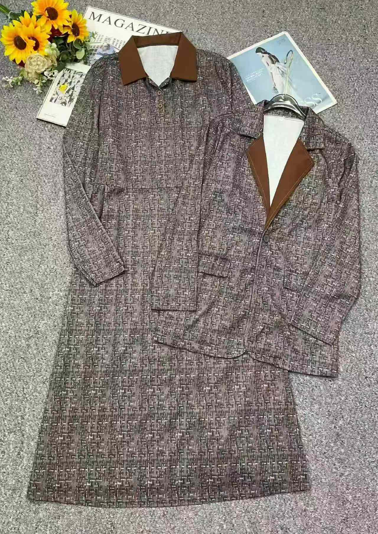 Spring Autumn 2-Piece Women Tweed Style Coat & Long Sleeve Dress 407 Sets Stock Wholesale - Image 3