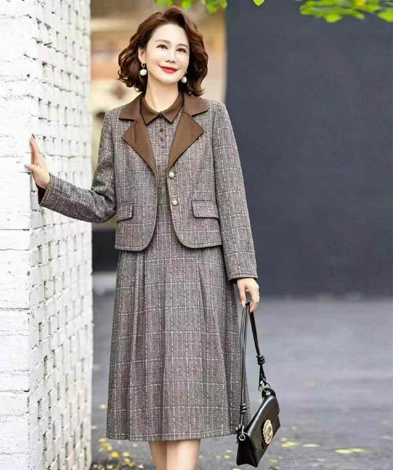 Spring Autumn 2-Piece Women Tweed Style Coat & Long Sleeve Dress 407 Sets Stock Wholesale - Image 4
