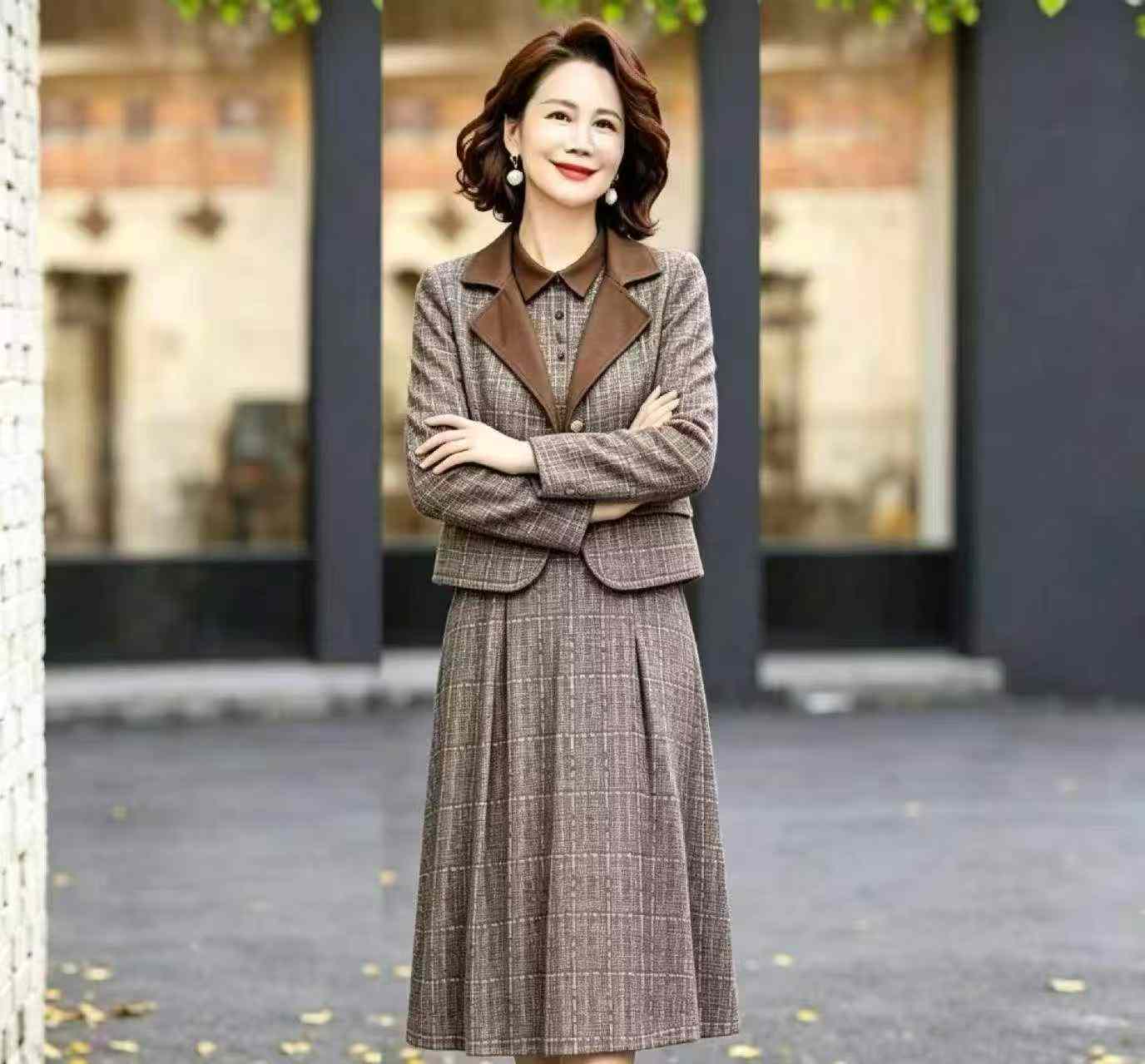 Spring Autumn 2-Piece Women Tweed Style Coat & Long Sleeve Dress 407 Sets Stock Wholesale - Image 5