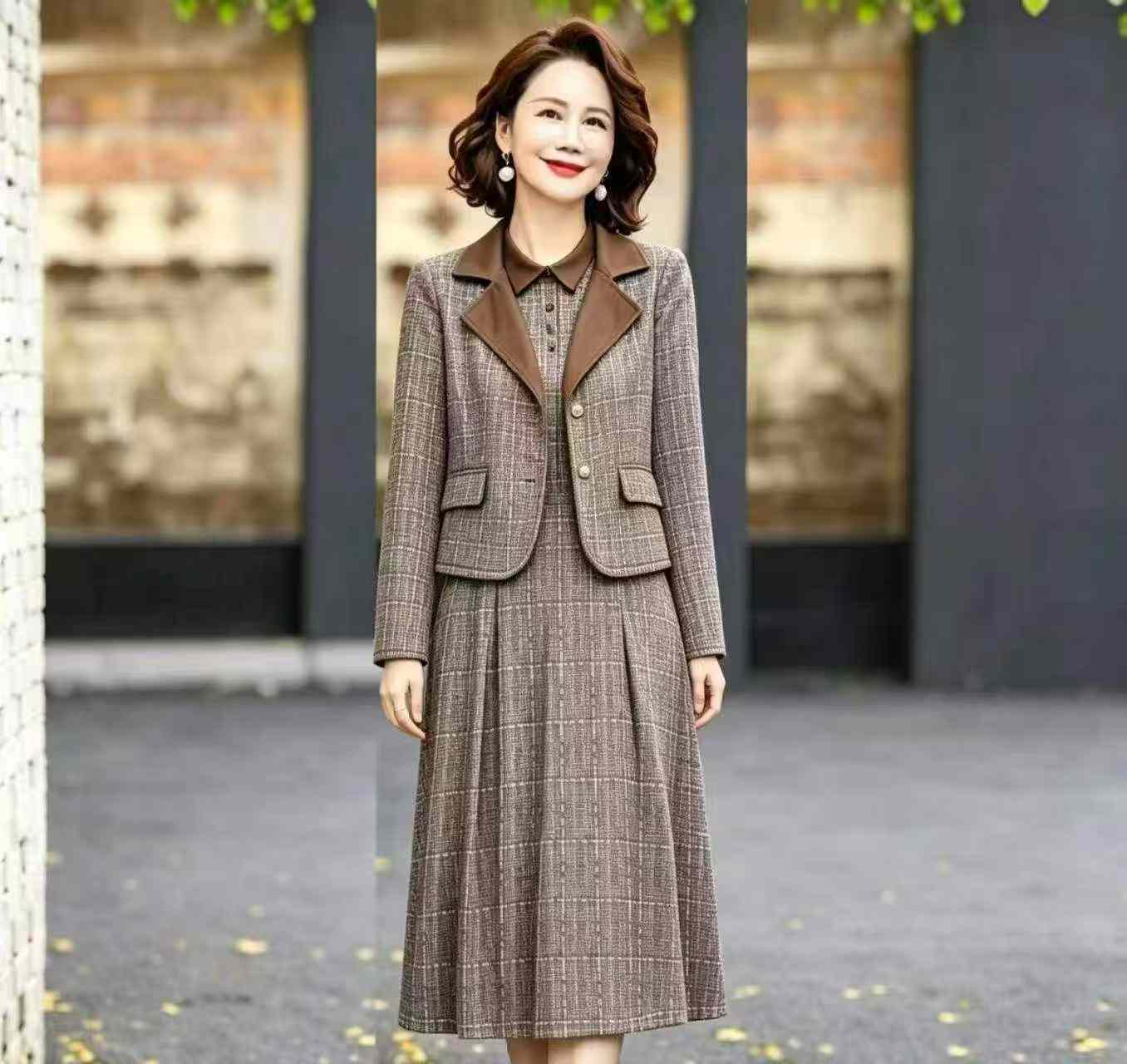 Spring Autumn 2-Piece Women Tweed Style Coat & Long Sleeve Dress 407 Sets Stock Wholesale - Image 6