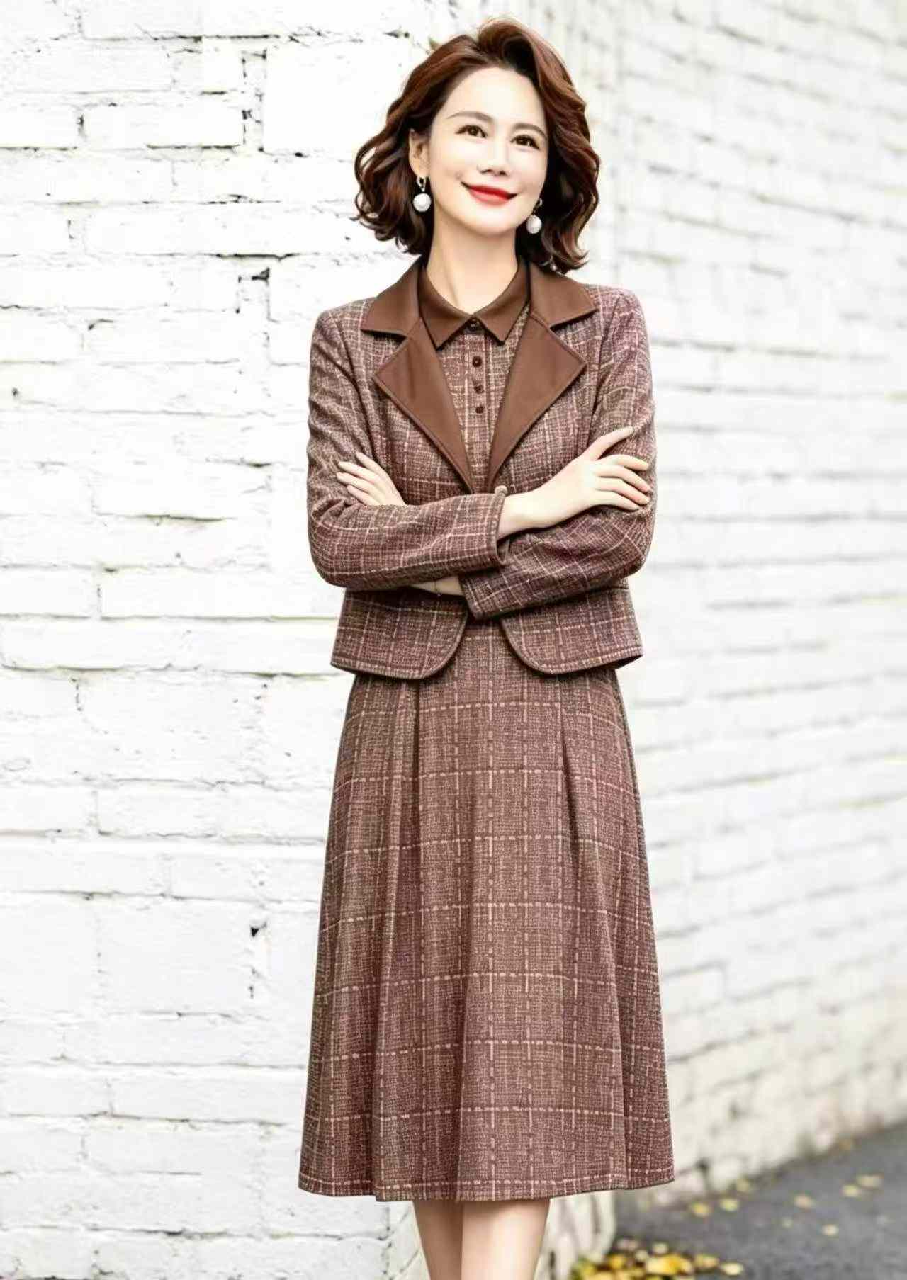 Spring Autumn 2-Piece Women Tweed Style Coat & Long Sleeve Dress 407 Sets Stock Wholesale - Image 7