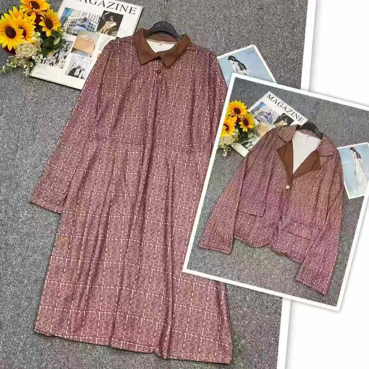 Spring Autumn 2-Piece Women Tweed Style Coat & Long Sleeve Dress 407 Sets Stock Wholesale - Image 9