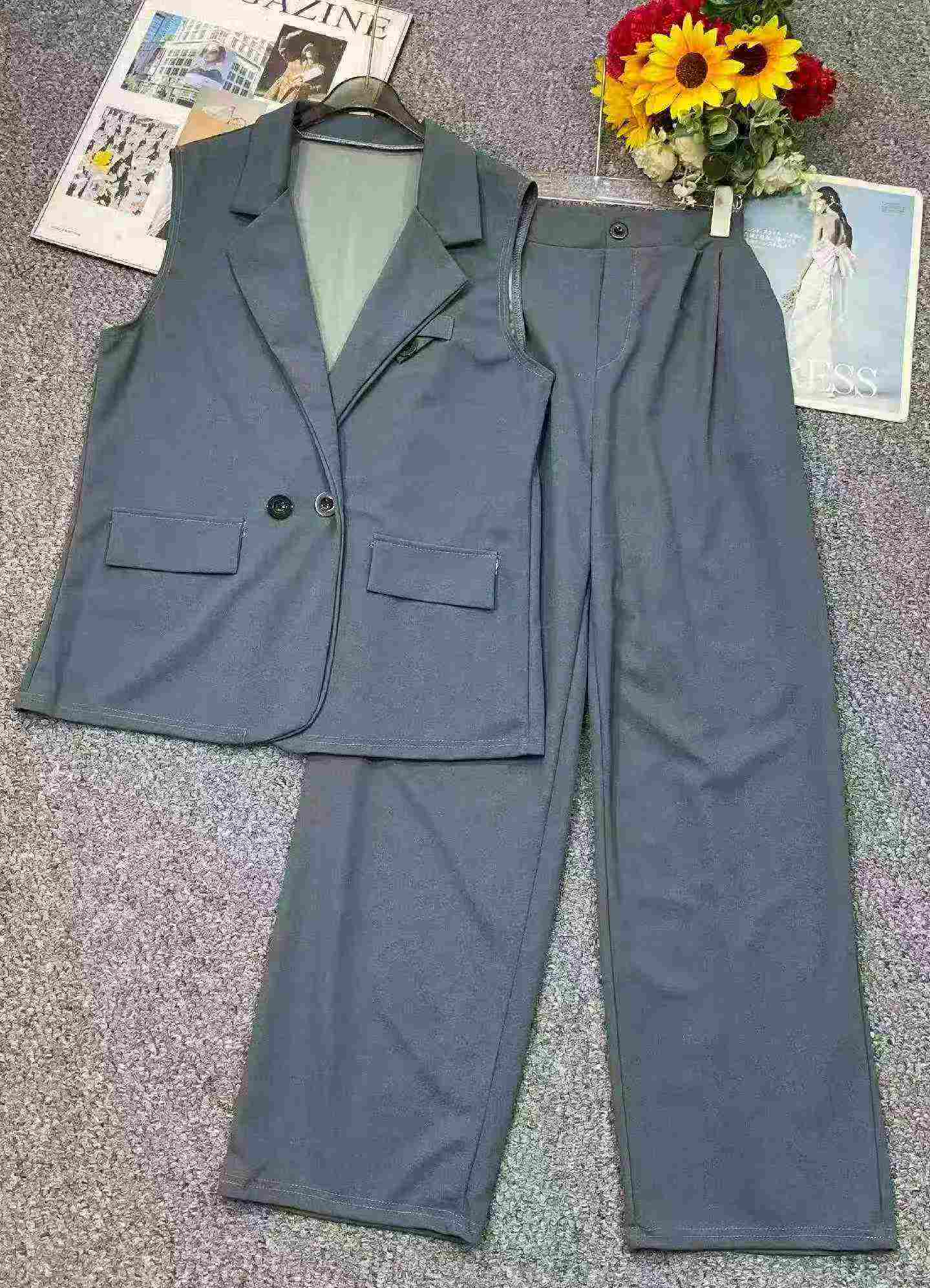 Spring Summer New Solid 2pcs Loose Blazer Vest & Wide Leg Pants Set, 535 Sets - Image 2