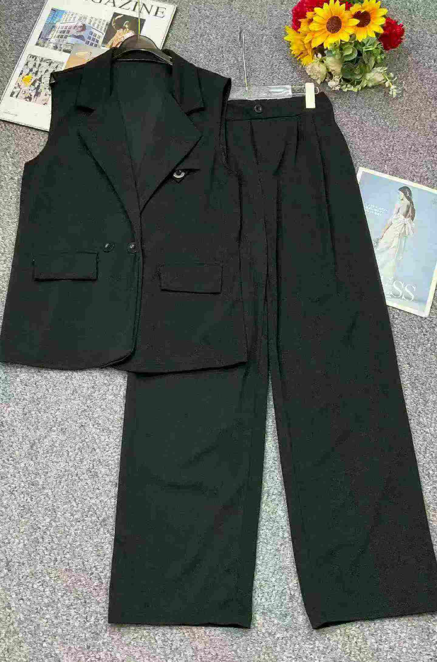 Spring Summer New Solid 2pcs Loose Blazer Vest & Wide Leg Pants Set, 535 Sets - Image 3
