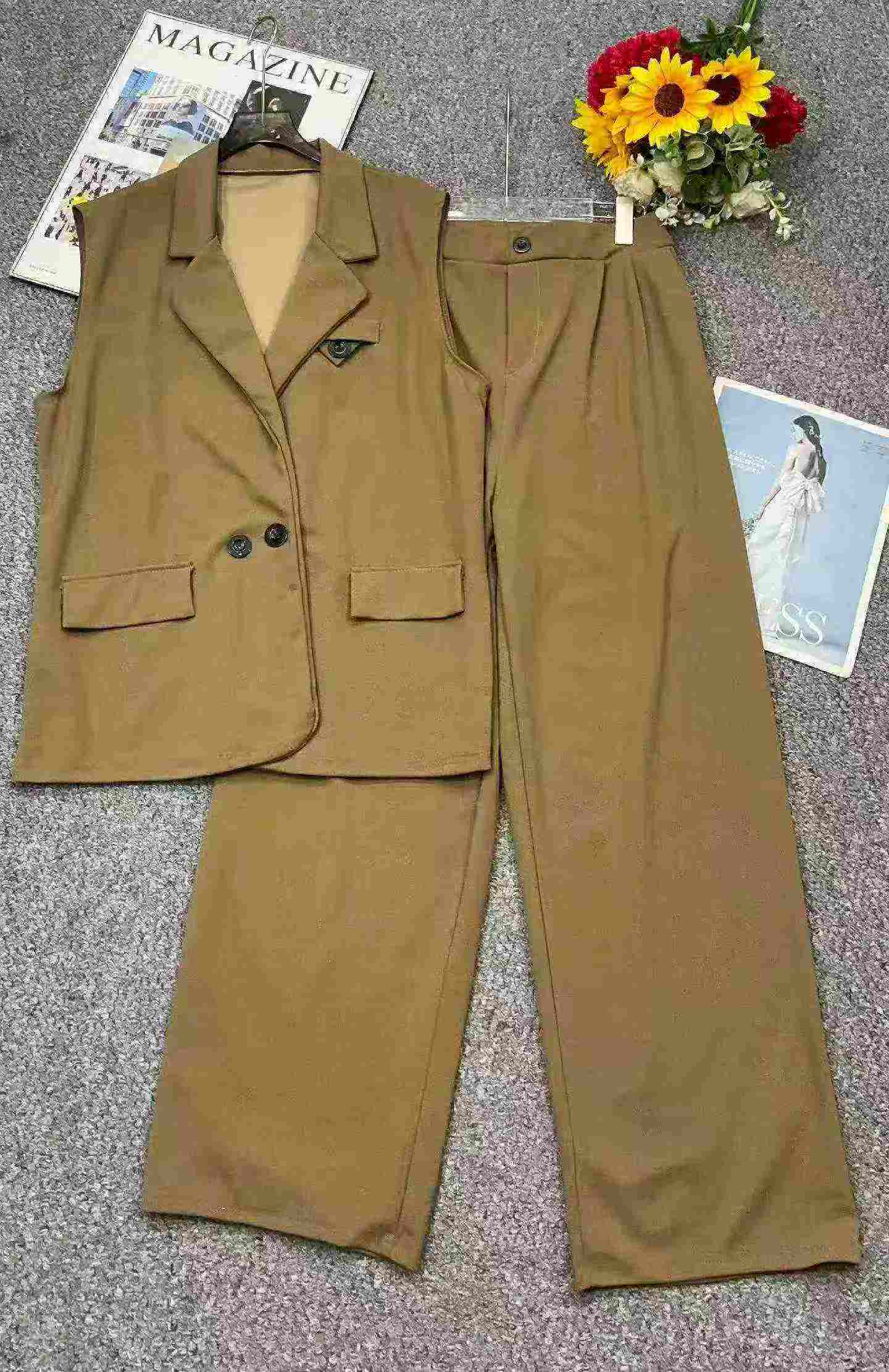 Spring Summer New Solid 2pcs Loose Blazer Vest & Wide Leg Pants Set, 535 Sets - Image 4