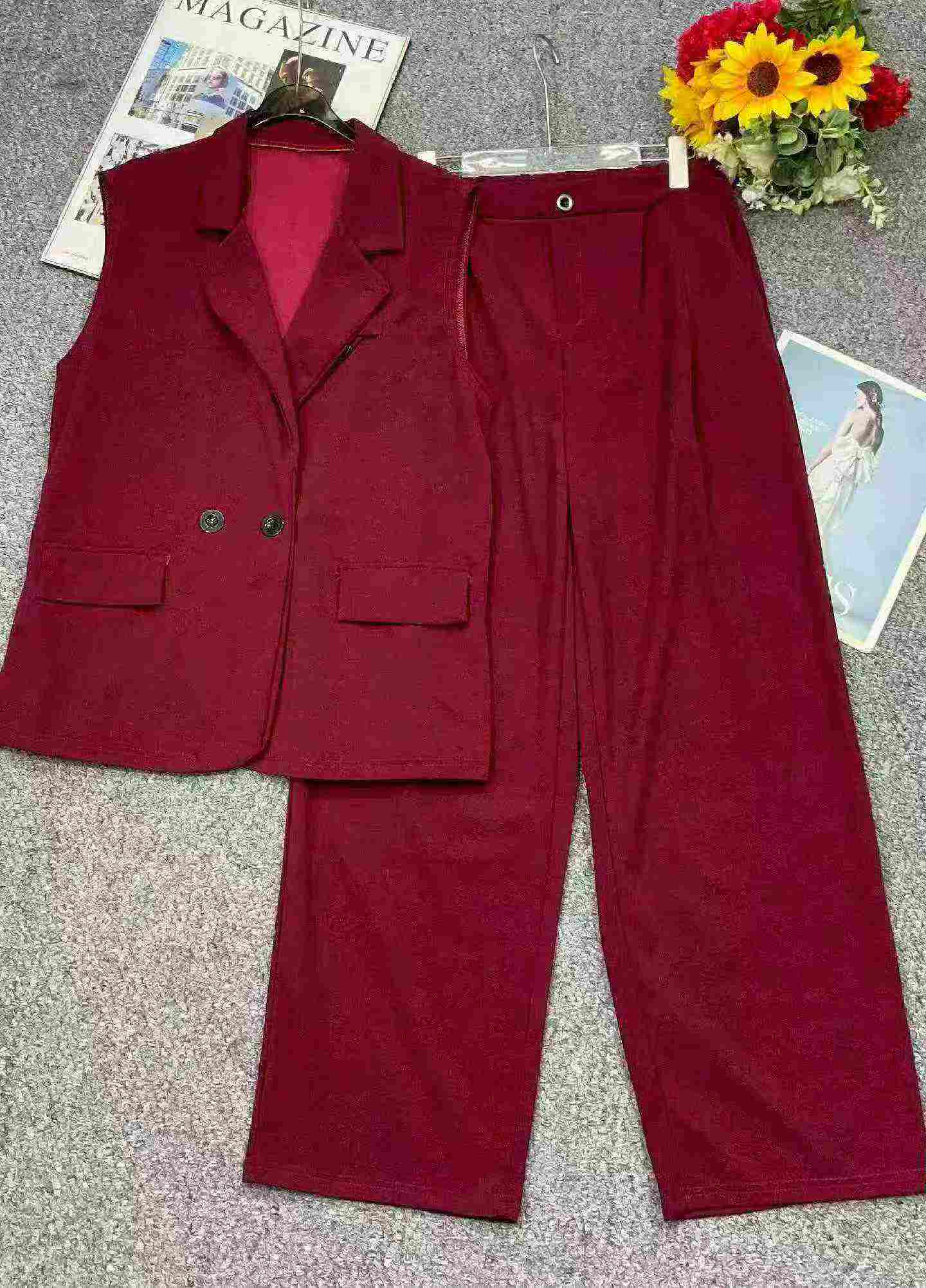 Spring Summer New Solid 2pcs Loose Blazer Vest & Wide Leg Pants Set, 535 Sets - Image 5