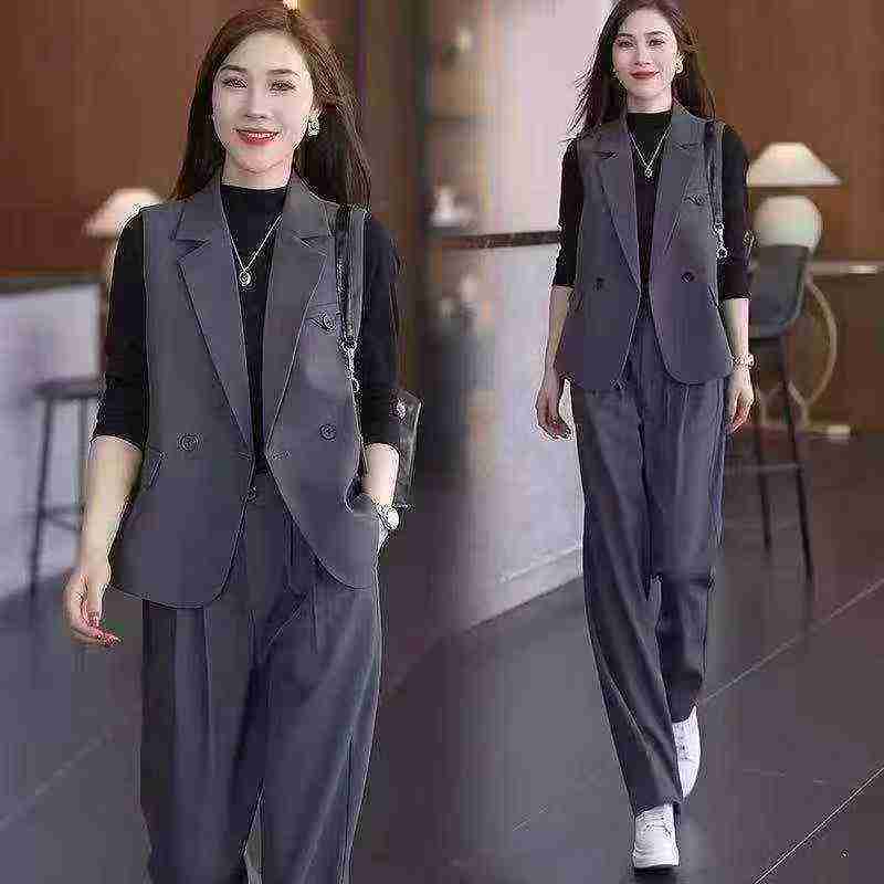 Spring Summer New Solid 2pcs Loose Blazer Vest & Wide Leg Pants Set, 535 Sets - Image 7