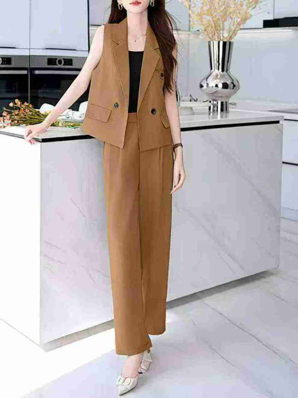 Spring Summer New Solid 2pcs Loose Blazer Vest & Wide Leg Pants Set, 535 Sets - Image 8