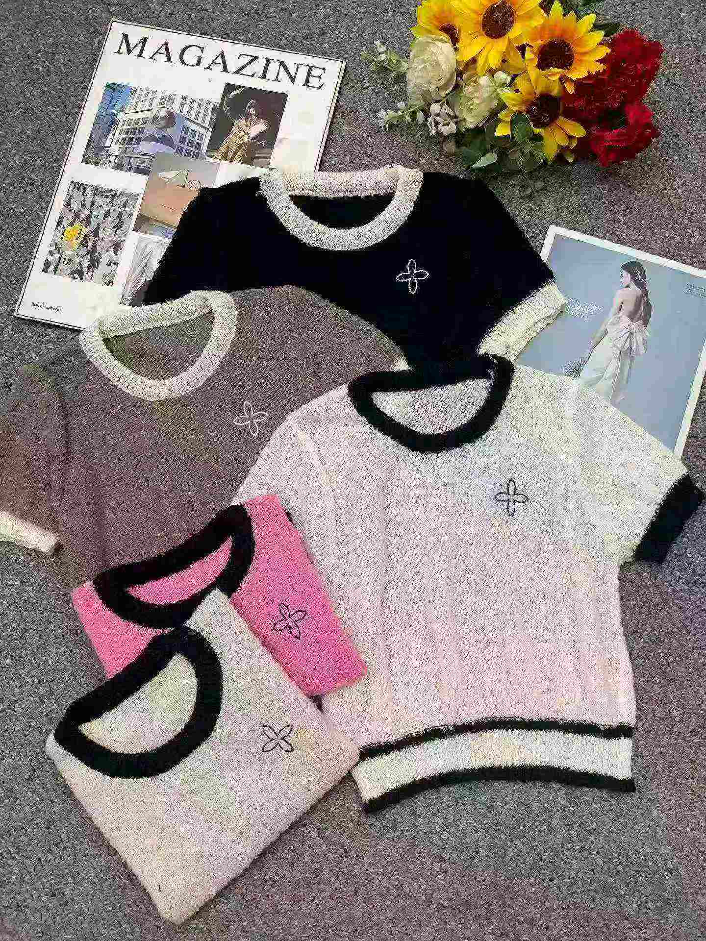 Summer New Colorblock Sweet Spicy Bow Embroidery Elastic Slim Knit Short Sleeve T-shirt, 1490 Pieces - Image 2