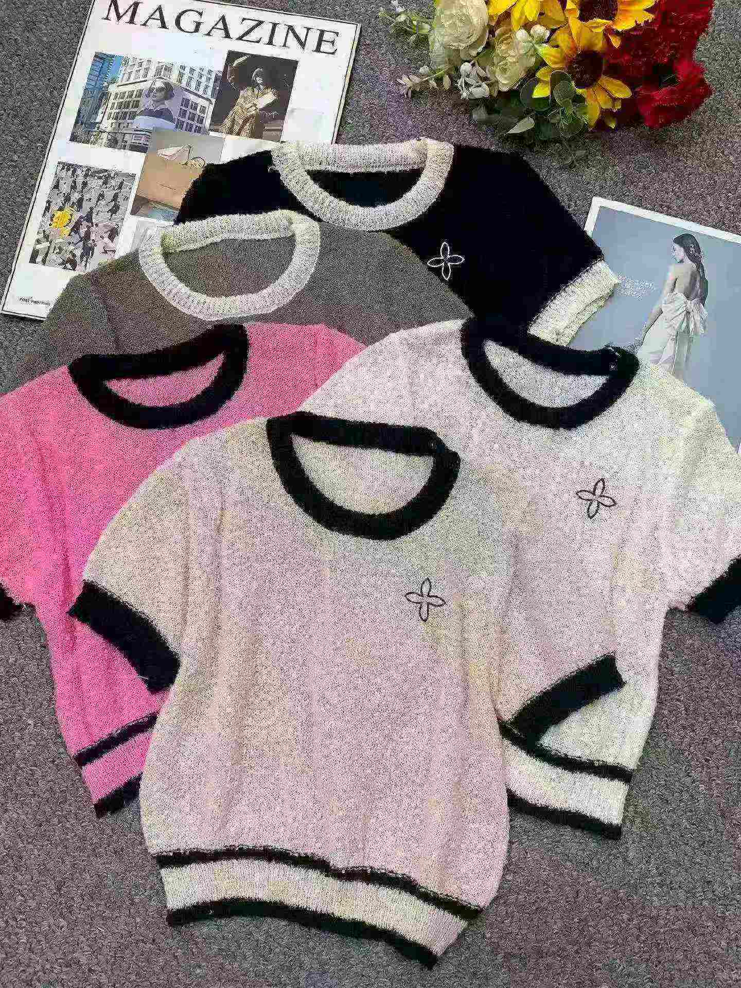 Summer New Colorblock Sweet Spicy Bow Embroidery Elastic Slim Knit Short Sleeve T-shirt, 1490 Pieces - Image 3