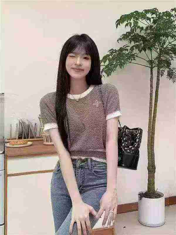 Summer New Colorblock Sweet Spicy Bow Embroidery Elastic Slim Knit Short Sleeve T-shirt, 1490 Pieces - Image 4