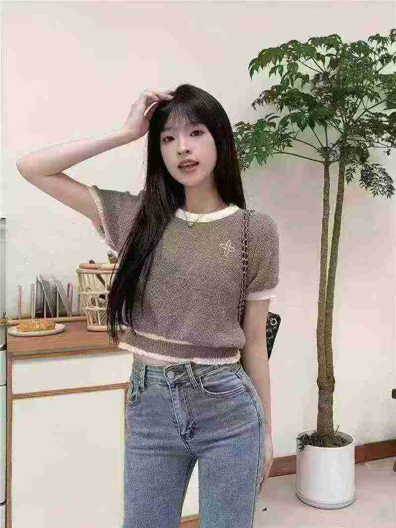 Summer New Colorblock Sweet Spicy Bow Embroidery Elastic Slim Knit Short Sleeve T-shirt, 1490 Pieces - Image 6