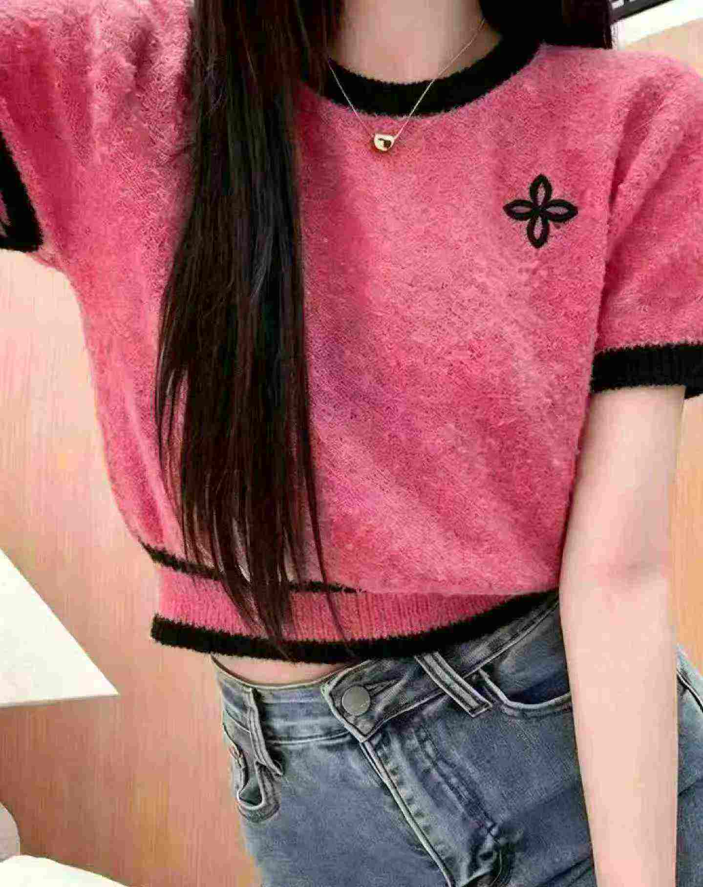 Summer New Colorblock Sweet Spicy Bow Embroidery Elastic Slim Knit Short Sleeve T-shirt, 1490 Pieces - Image 7
