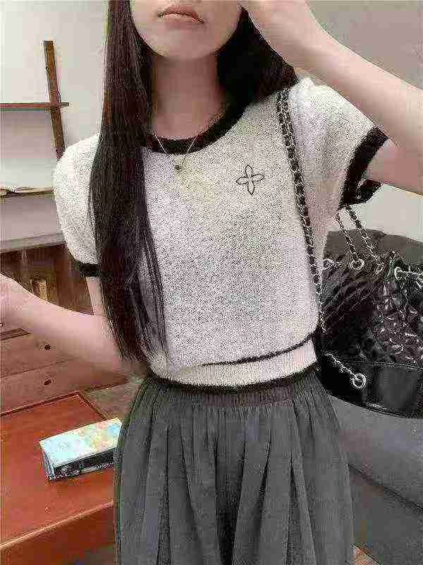 Summer New Colorblock Sweet Spicy Bow Embroidery Elastic Slim Knit Short Sleeve T-shirt, 1490 Pieces - Image 8