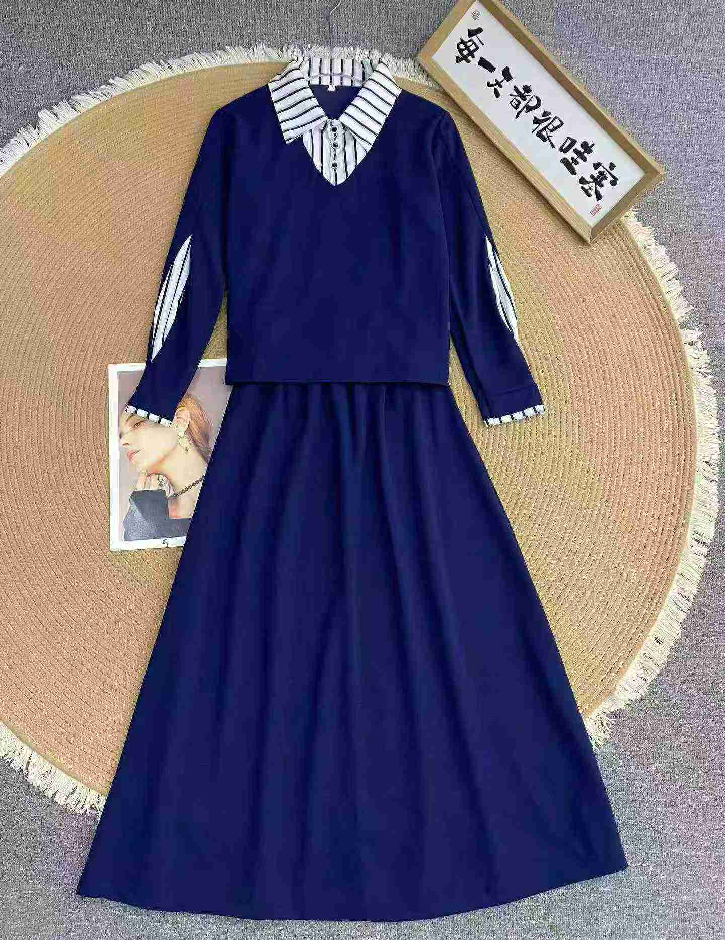 507 Sets Fashion Fake Two-piece Set Polo Collar Striped M-4XL - Image 2