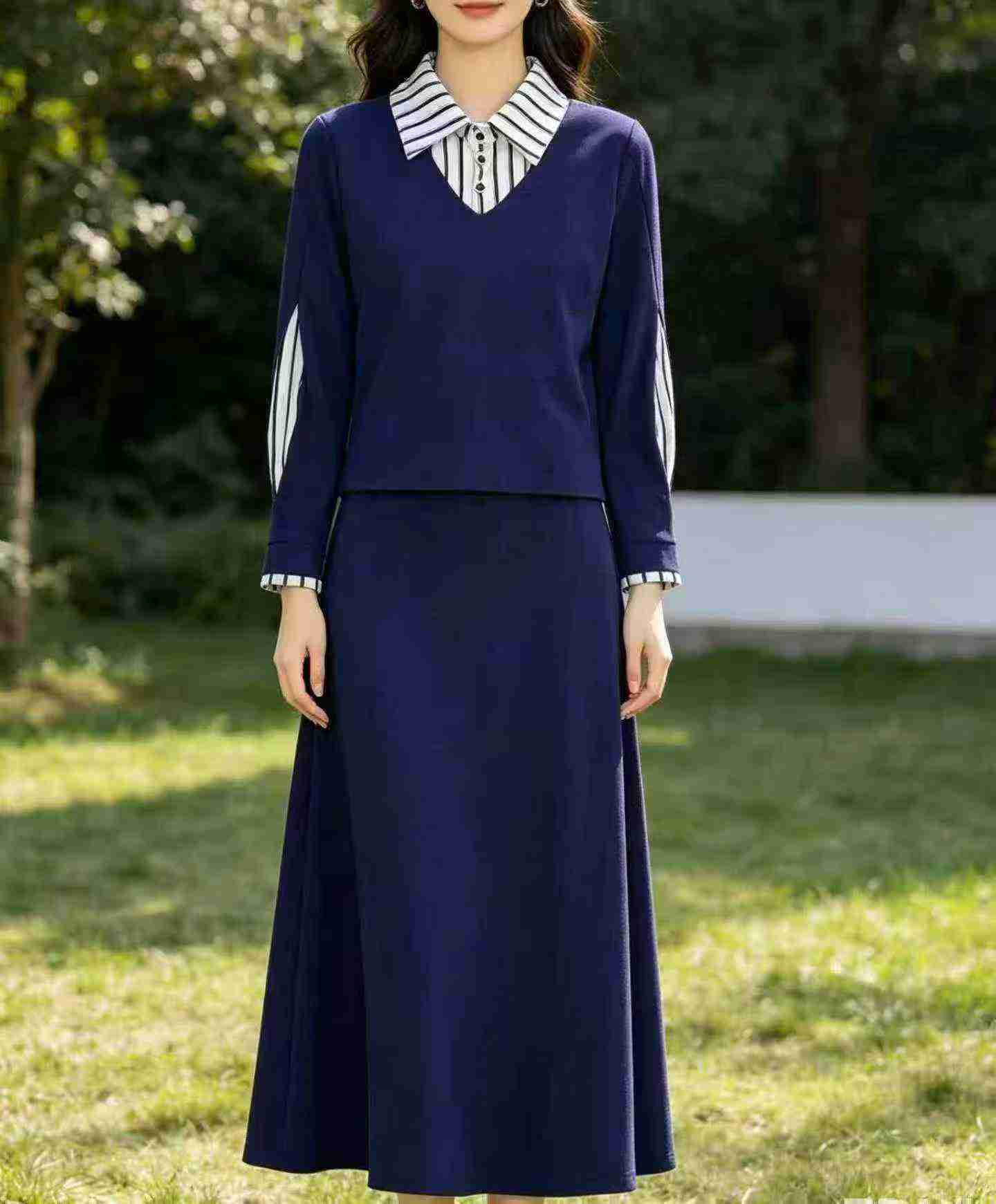 507 Sets Fashion Fake Two-piece Set Polo Collar Striped M-4XL - Image 4