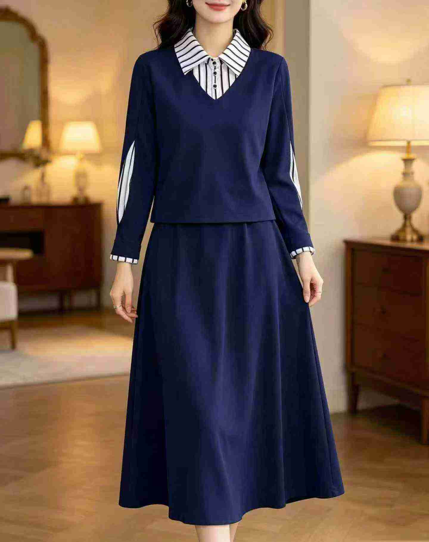 507 Sets Fashion Fake Two-piece Set Polo Collar Striped M-4XL - Image 5