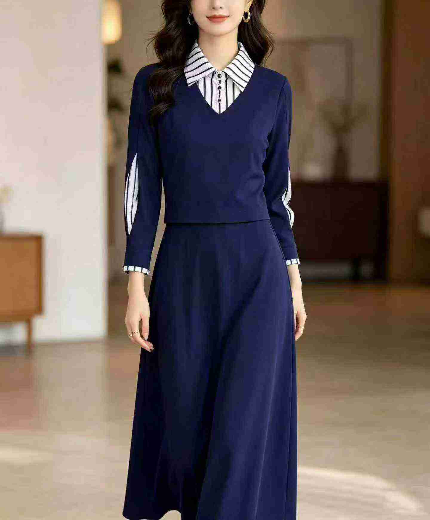 507 Sets Fashion Fake Two-piece Set Polo Collar Striped M-4XL - Image 6