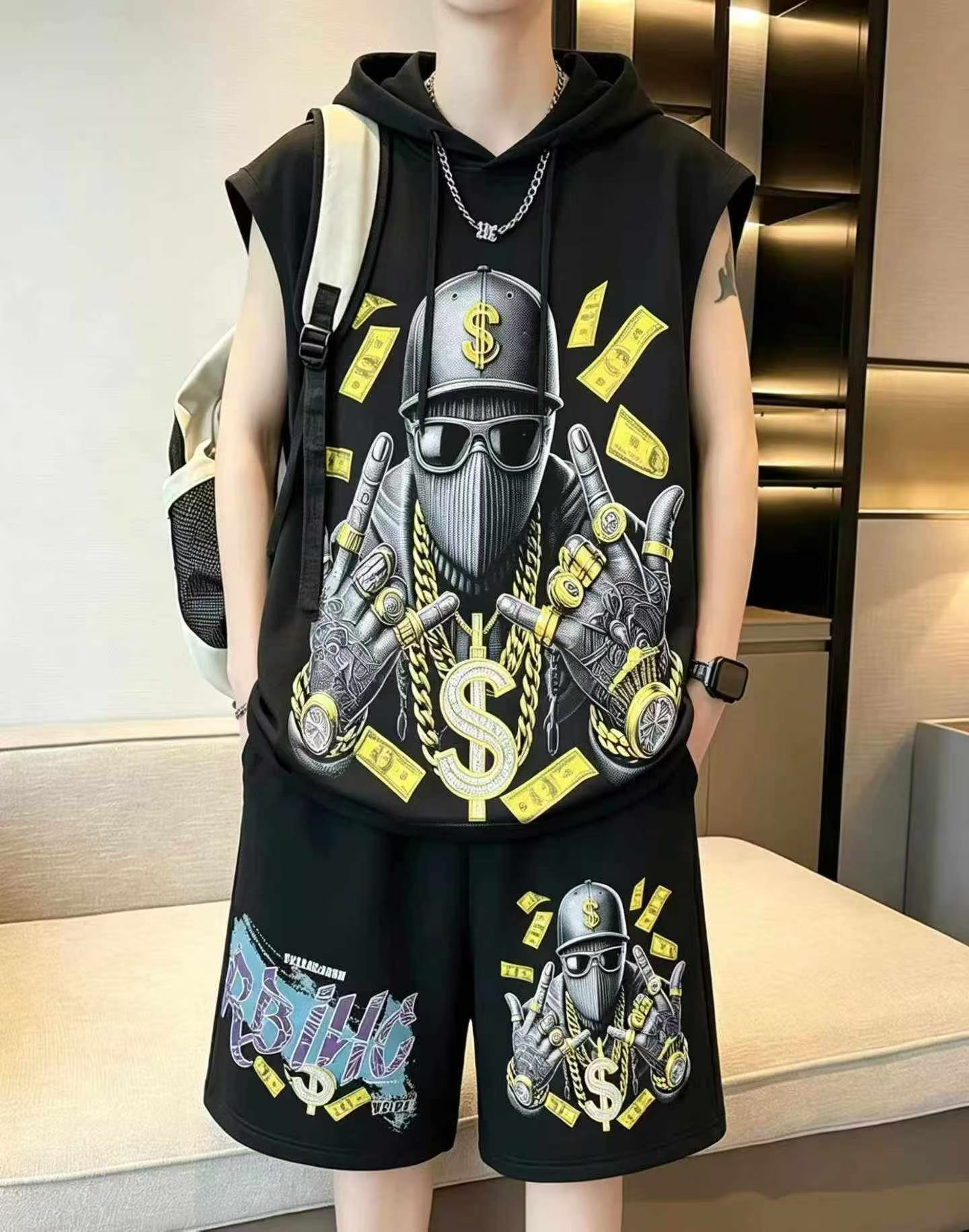 3000 Sets American Style African Print Cotton Fleece Hooded Top & Shorts Set - Image 2