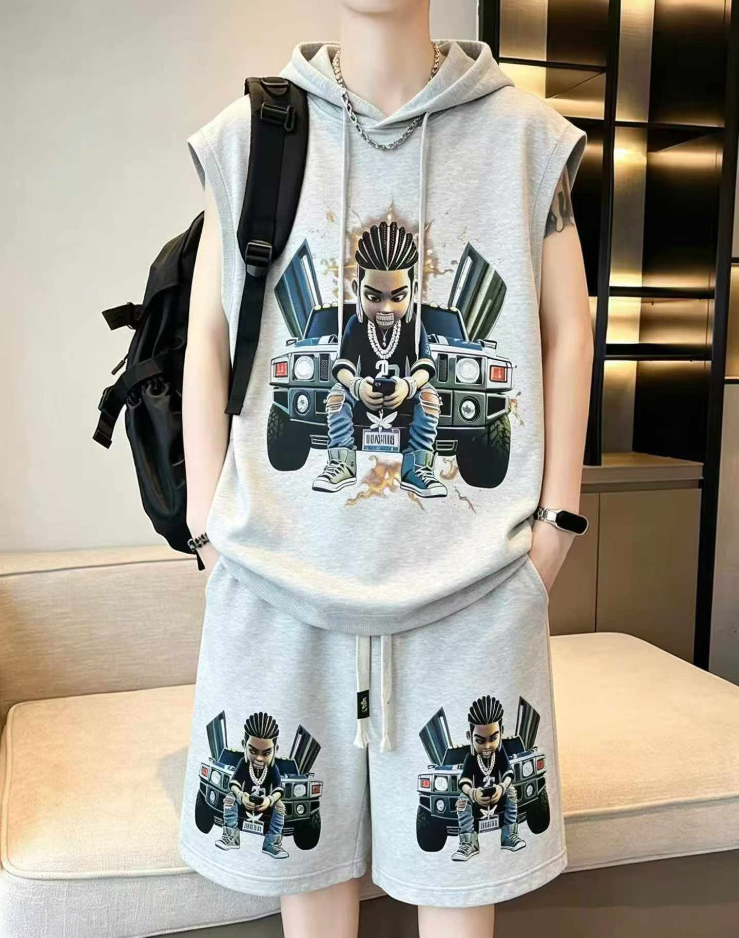 3000 Sets American Style African Print Cotton Fleece Hooded Top & Shorts Set - Image 3