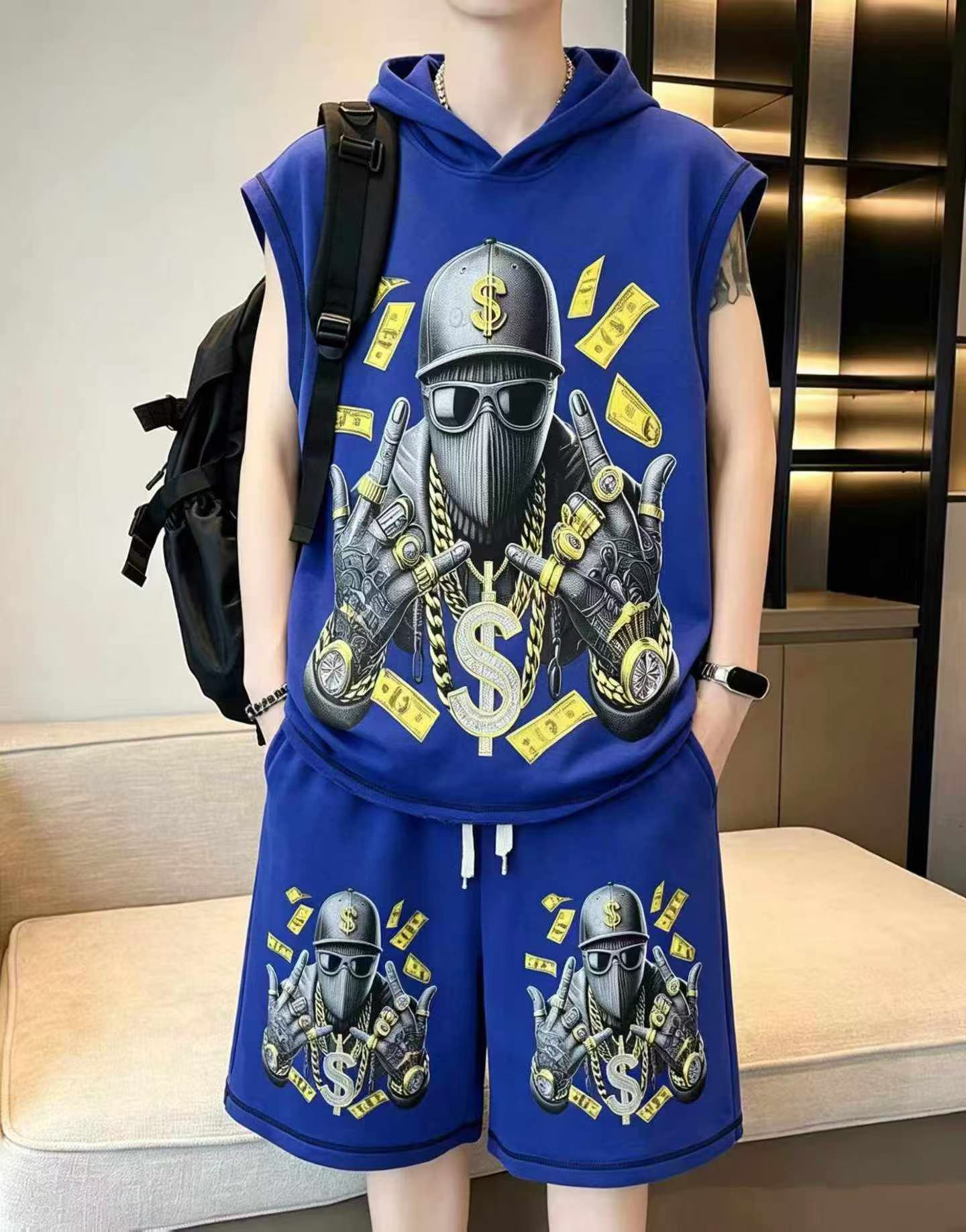 3000 Sets American Style African Print Cotton Fleece Hooded Top & Shorts Set - Image 5