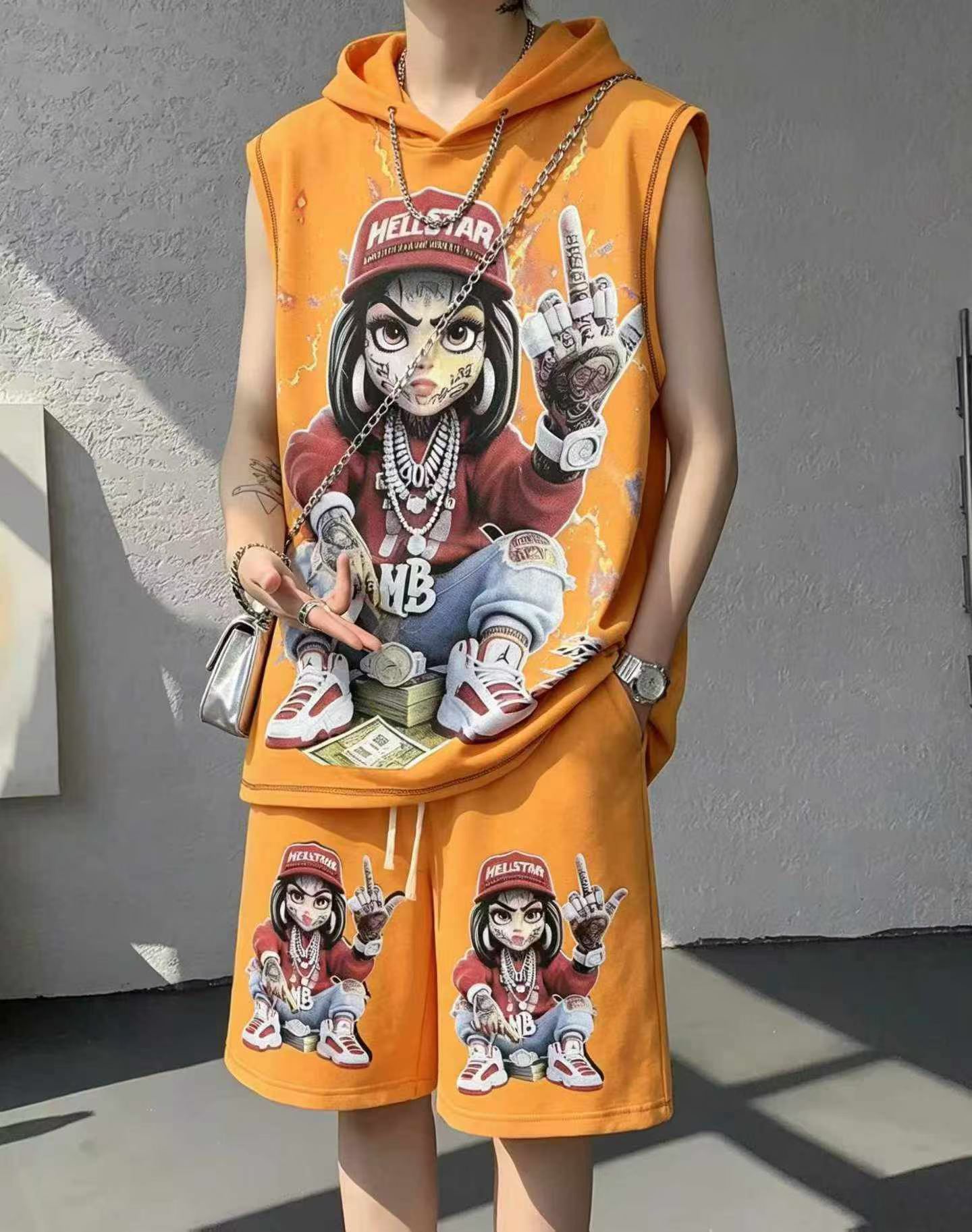 3000 Sets American Style African Print Cotton Fleece Hooded Top & Shorts Set - Image 6