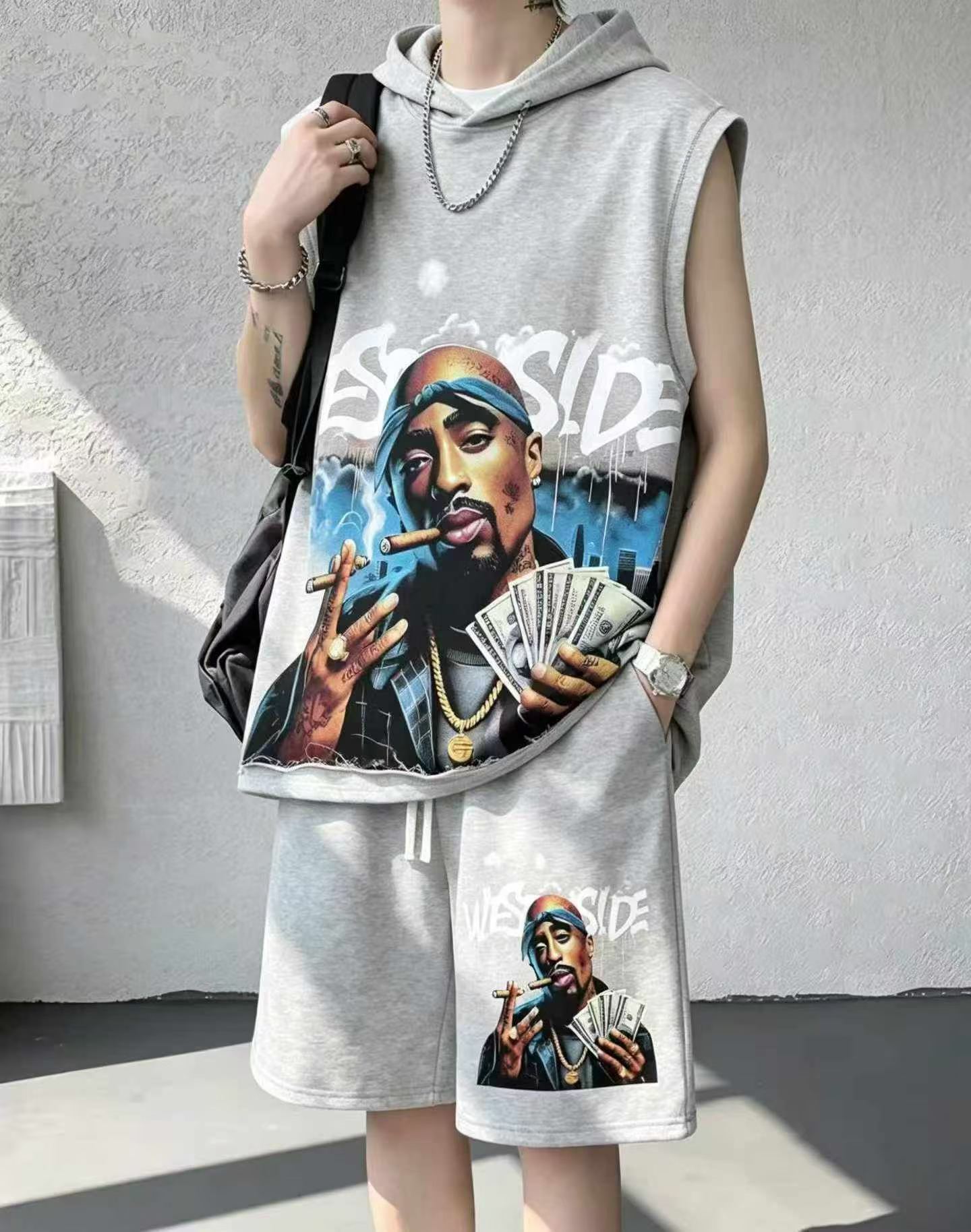 3000 Sets American Style African Print Cotton Fleece Hooded Top & Shorts Set - Image 7