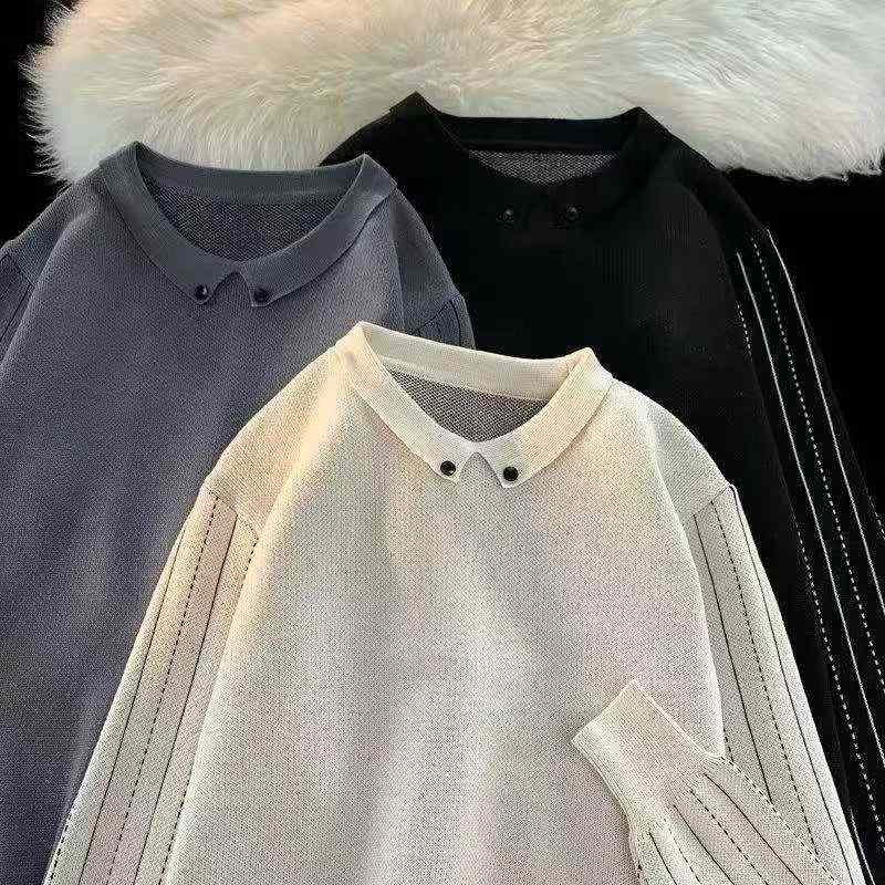 Nouveau Pull Tricoté Homme Rayé Faux 2-en-1 à Manches Longues, Col Polo, Tailles M-2XL, 310 Pièces - Image 3