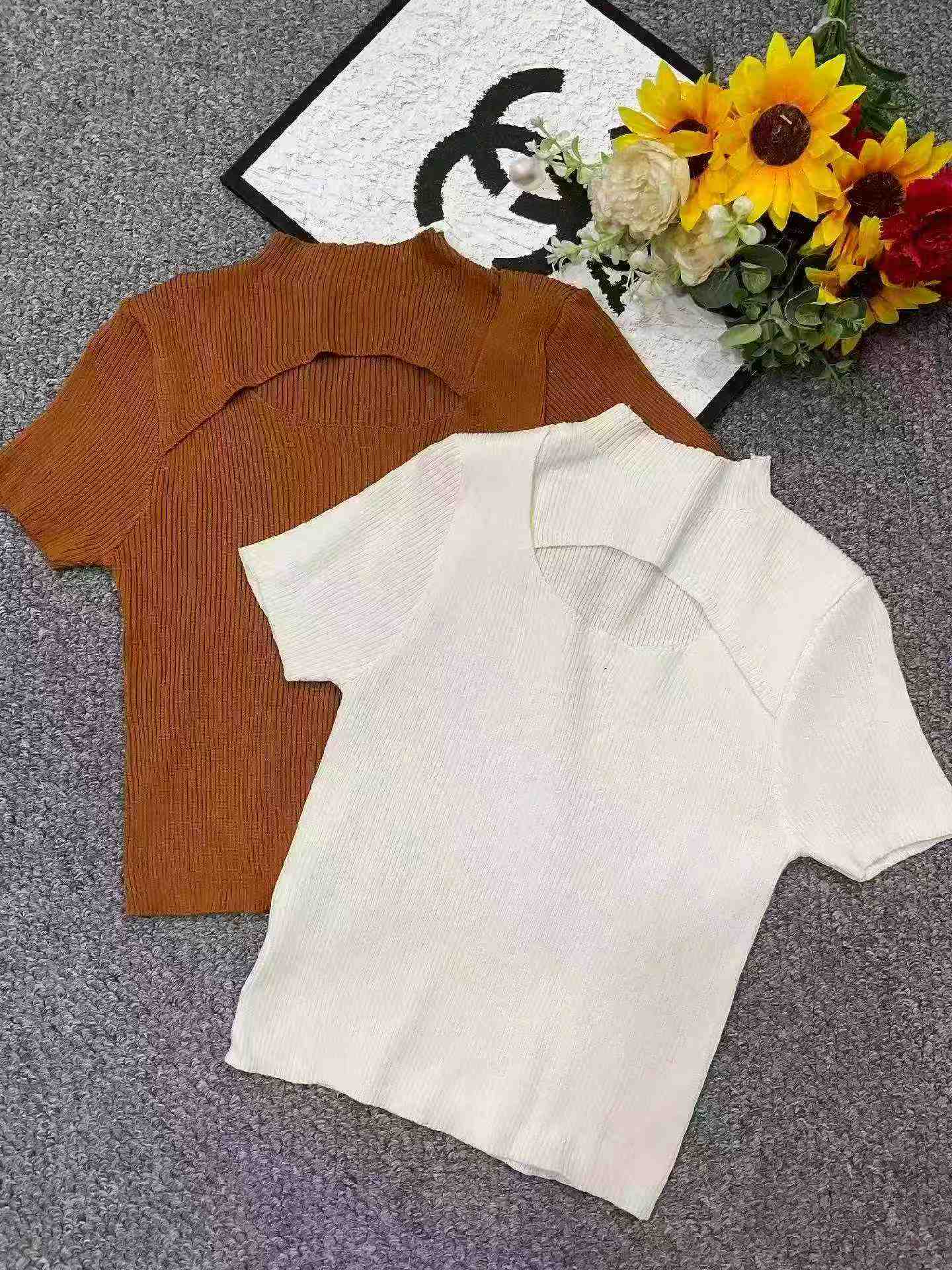 Nowe letnie ażurowe, o nieregularnym kroju, dopasowane elastyczne dzianinowe t-shirty z krótkimi rękawami, 473 sztuki - Image 3