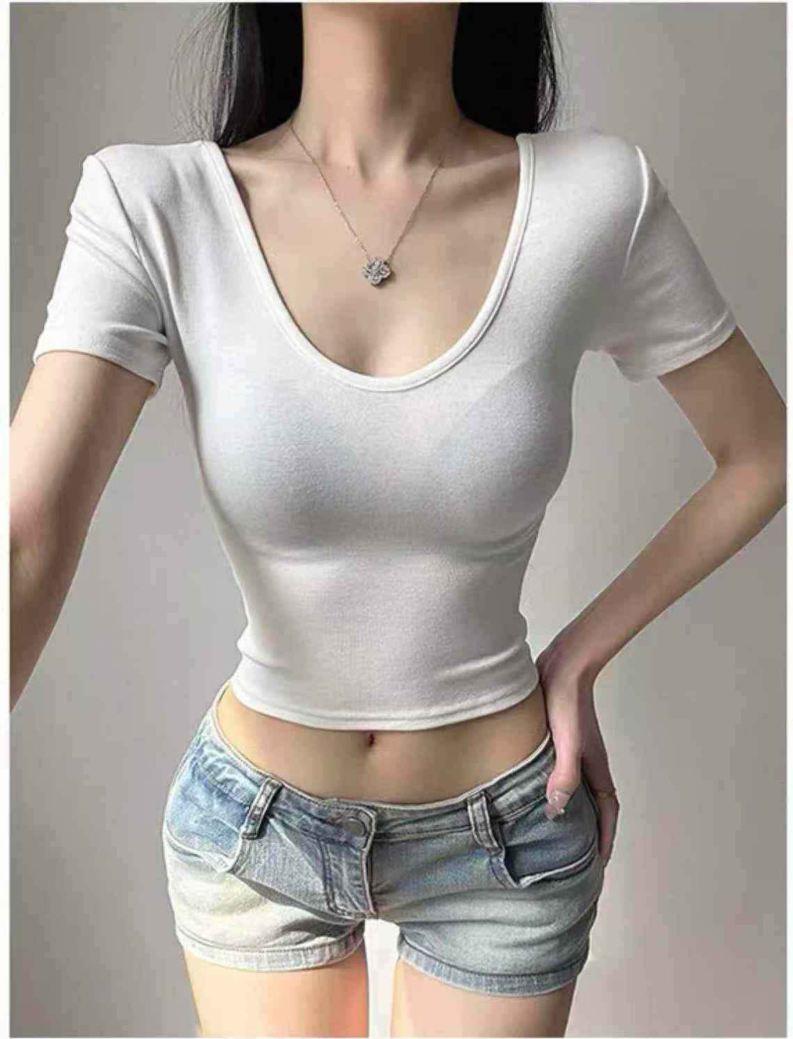 T-shirt Lengan Pendek Sutera Ais Leher V Seksi Gaya Hong Kong Musim Panas Baharu, Jualan Borong 1092 Buah - Image 5