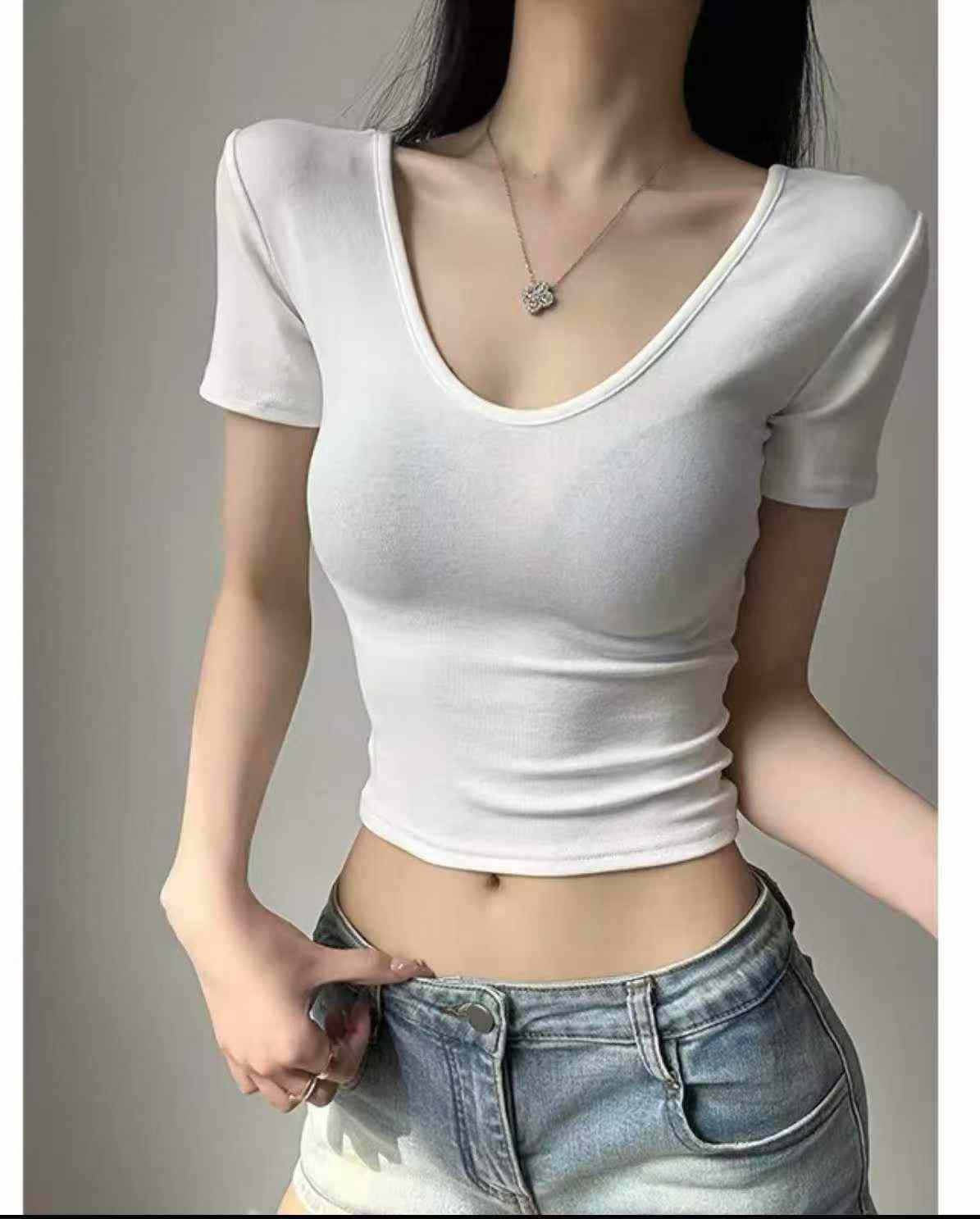 T-shirt Lengan Pendek Sutera Ais Leher V Seksi Gaya Hong Kong Musim Panas Baharu, Jualan Borong 1092 Buah - Image 6