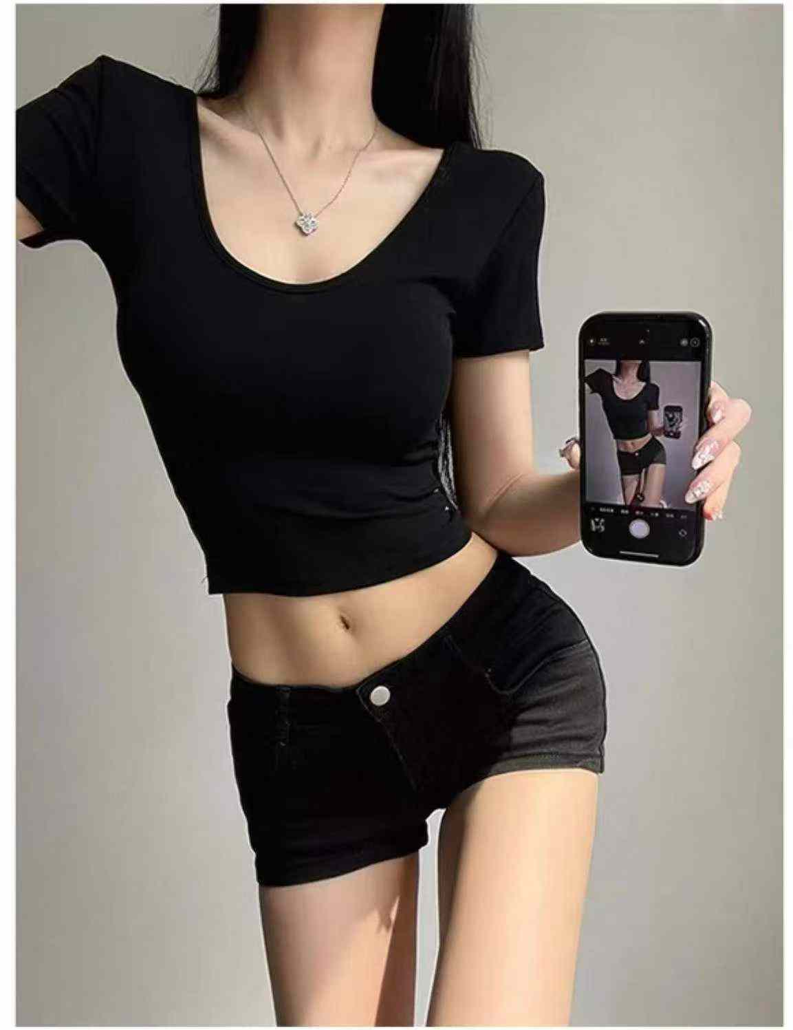 T-shirt Lengan Pendek Sutera Ais Leher V Seksi Gaya Hong Kong Musim Panas Baharu, Jualan Borong 1092 Buah - Image 7