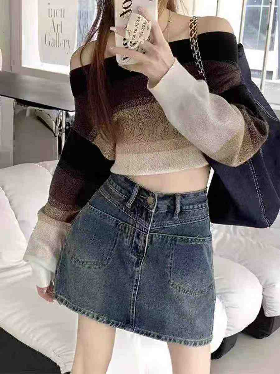 325 pièces de jupes en jean coupe A rétro slim à taille haute à haute élasticité - Image 2