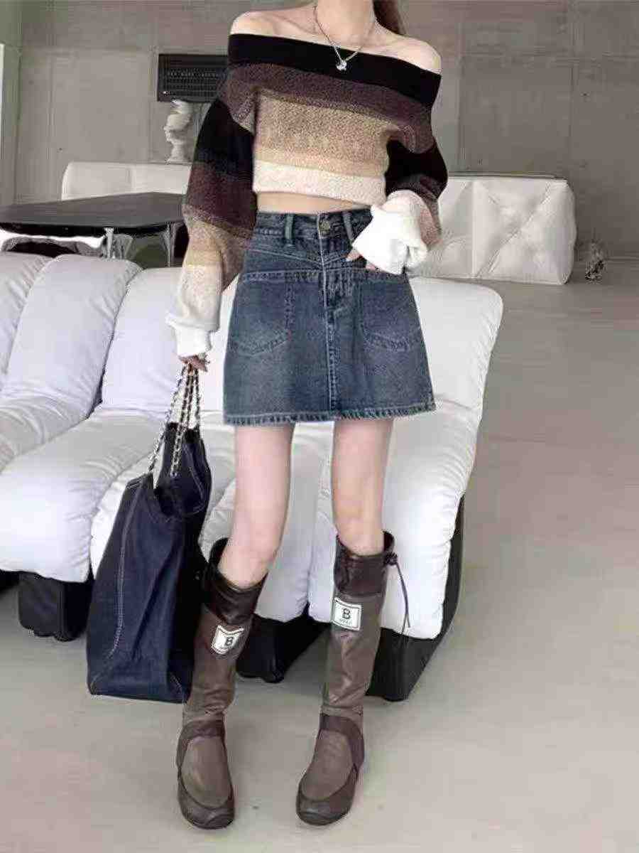 325 pièces de jupes en jean coupe A rétro slim à taille haute à haute élasticité - Image 3