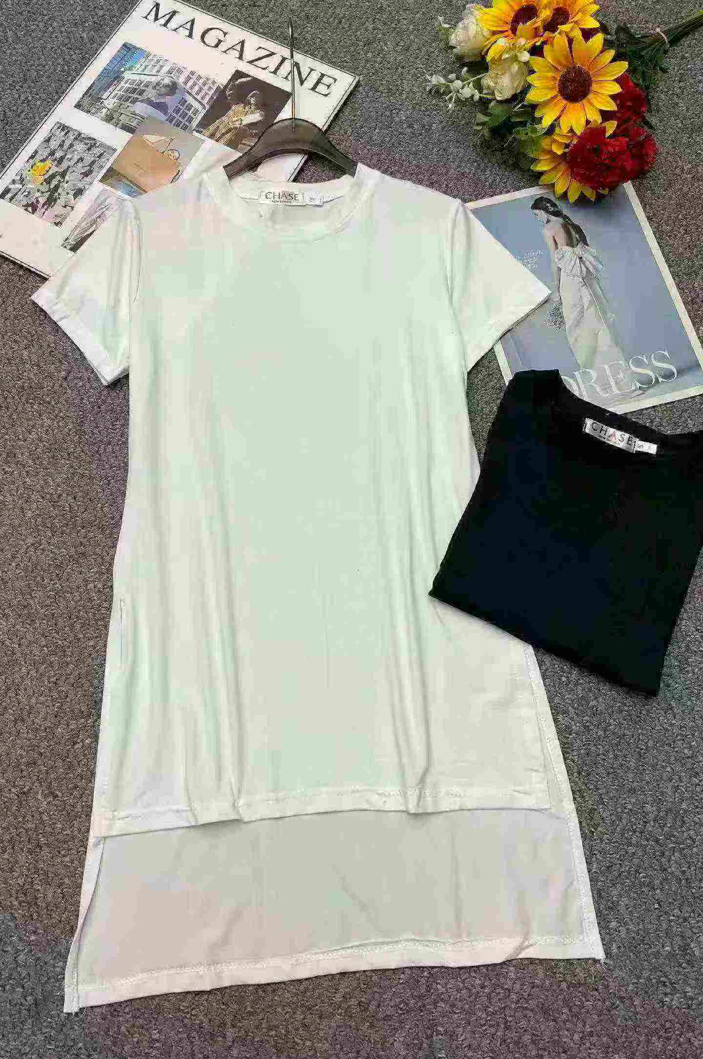 เสื้อยืดสไตล์เกาหลีใหม่ ฤดูร้อน สีพื้น แขนสั้น ยาวกลาง จำนวน 470 ชิ้น - Image 2