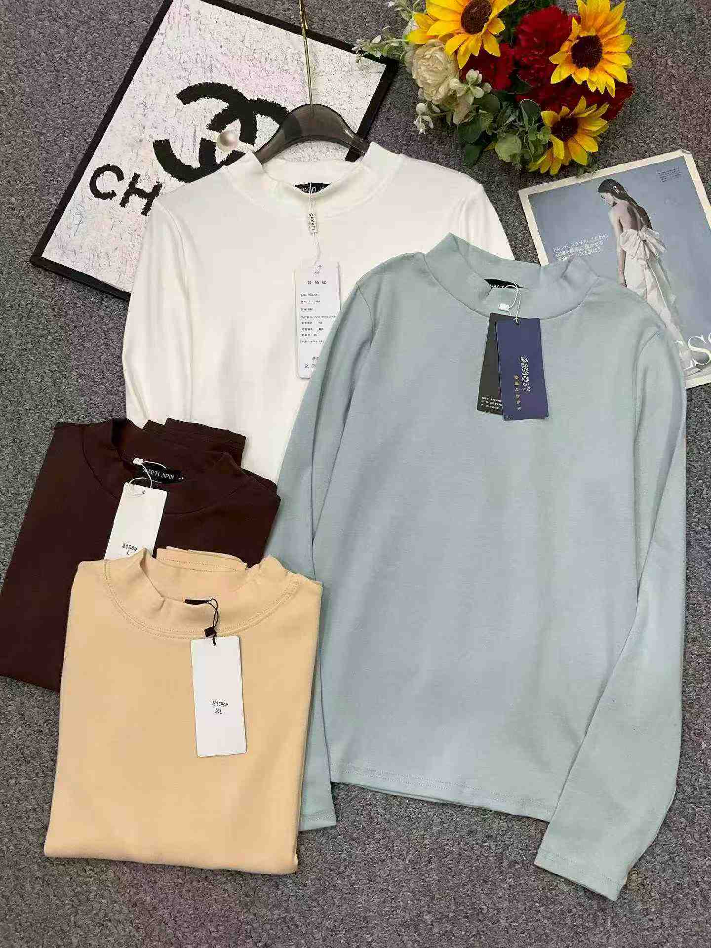 Autumn Winter Plain Loose 95 Cotton Spandex Long Sleeve Base Top, S-2XL, About 400 Pieces - Image 2