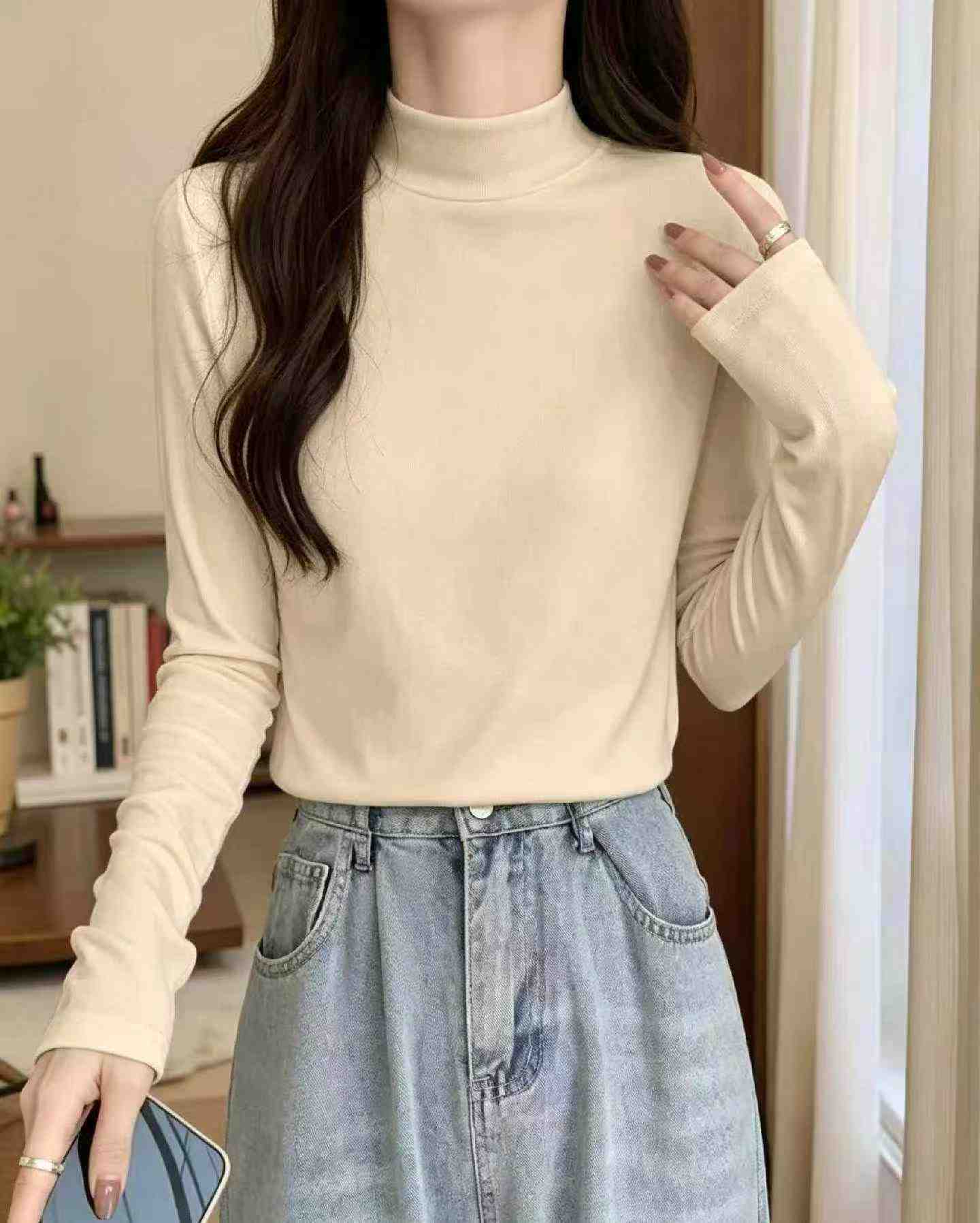 Autumn Winter Plain Loose 95 Cotton Spandex Long Sleeve Base Top, S-2XL, About 400 Pieces - Image 4