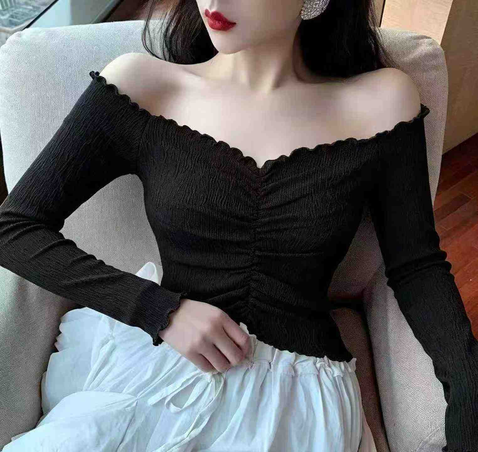 373件 春秋季女士露肩長袖荷葉邊針織上衣 - Image 5