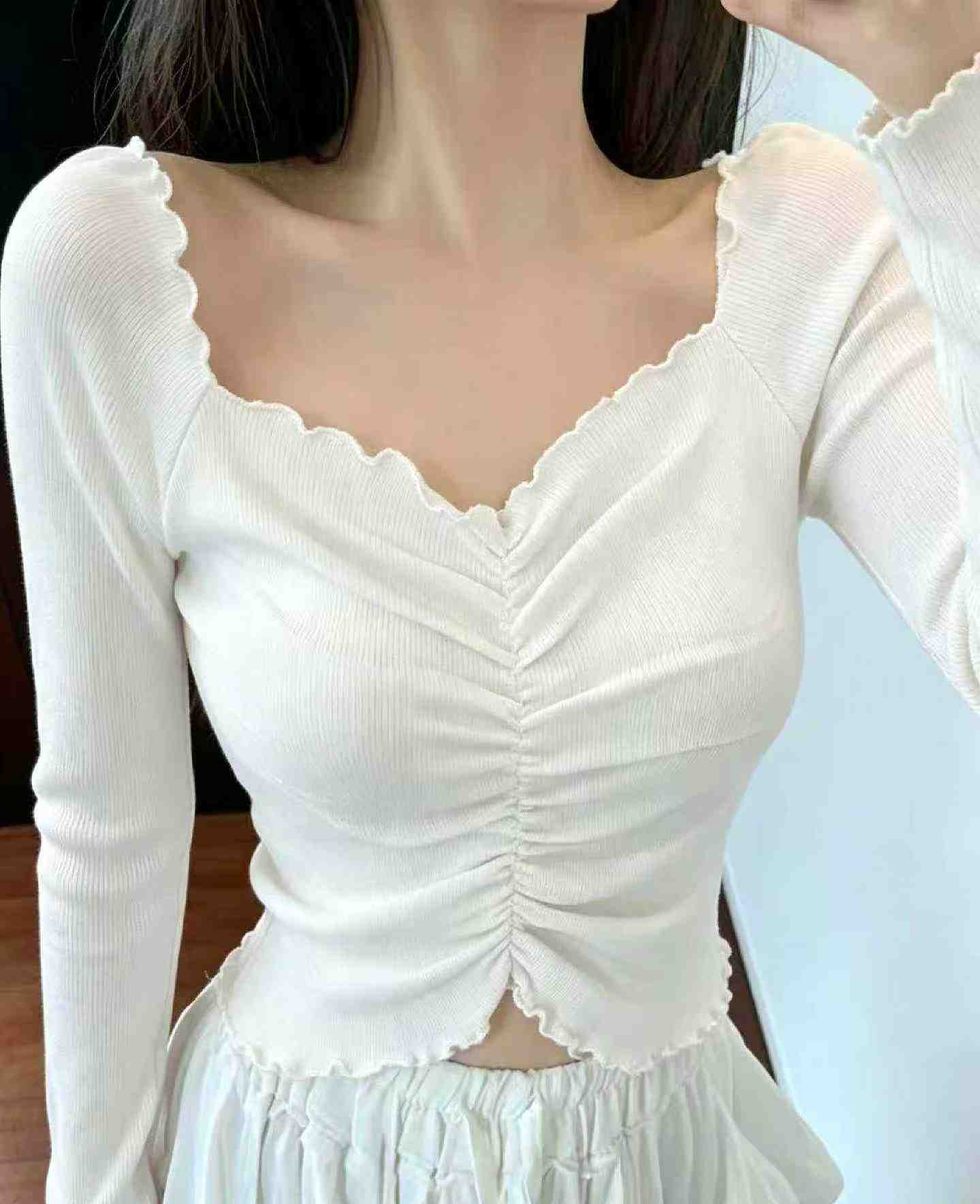 373件 春秋季女士露肩長袖荷葉邊針織上衣 - Image 6