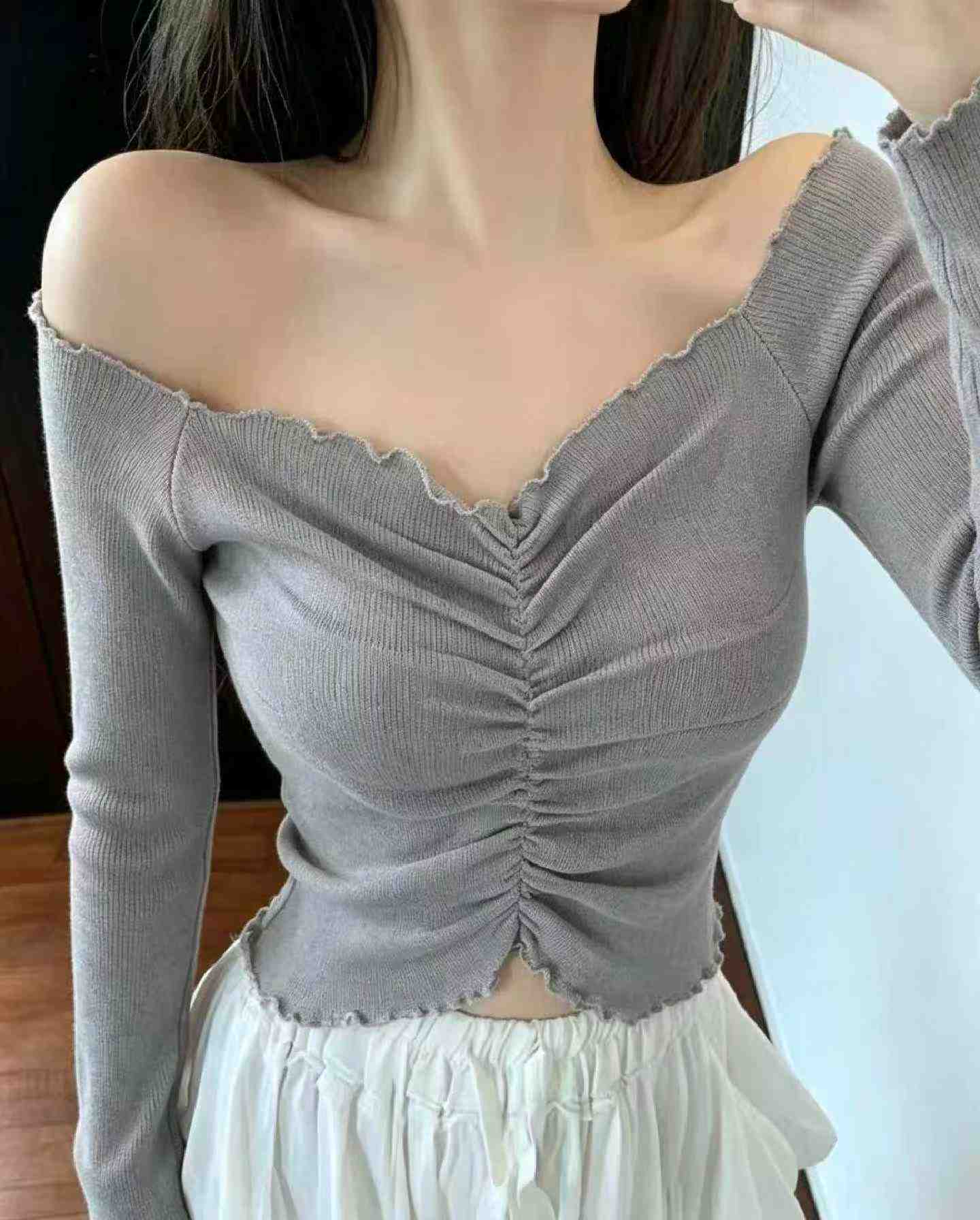 373件 春秋季女士露肩長袖荷葉邊針織上衣 - Image 7