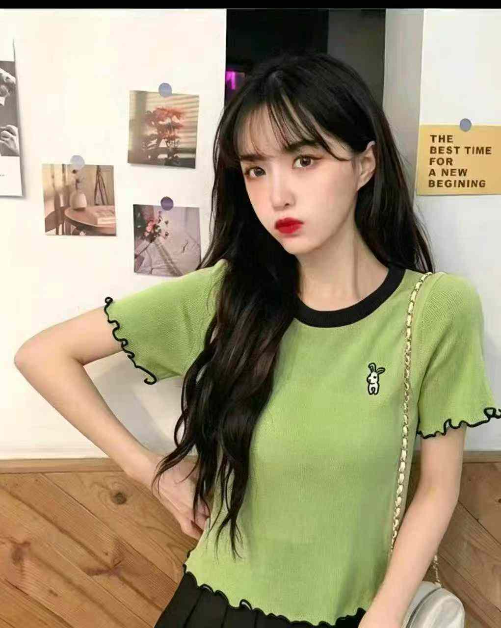 تیشرت بافتنی جدید تابستانی رترو با طرح دوزی کارتونی کنتراست رنگی، ۷۶۸ عدد، بسته بندی جداگانه - Image 6