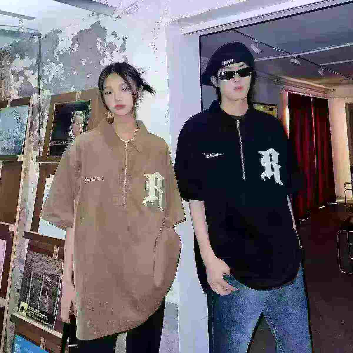 Kaos Polo T-shirt Lengan Pendek Resleting Setengah Bordir Gaya Amerika Model Longgar Untuk Pria, 2922 Buah - Image 2