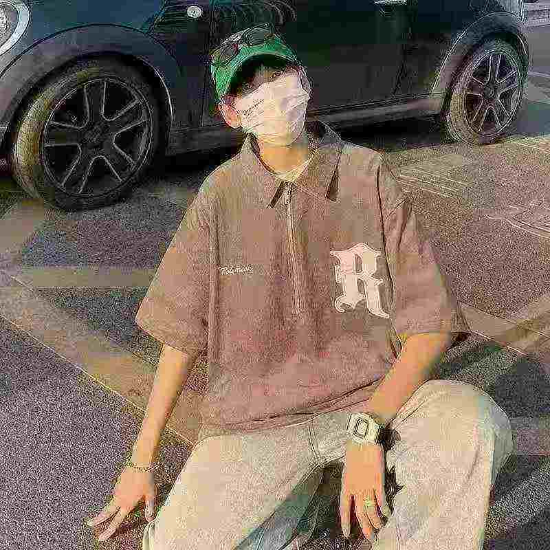 Kaos Polo T-shirt Lengan Pendek Resleting Setengah Bordir Gaya Amerika Model Longgar Untuk Pria, 2922 Buah - Image 4