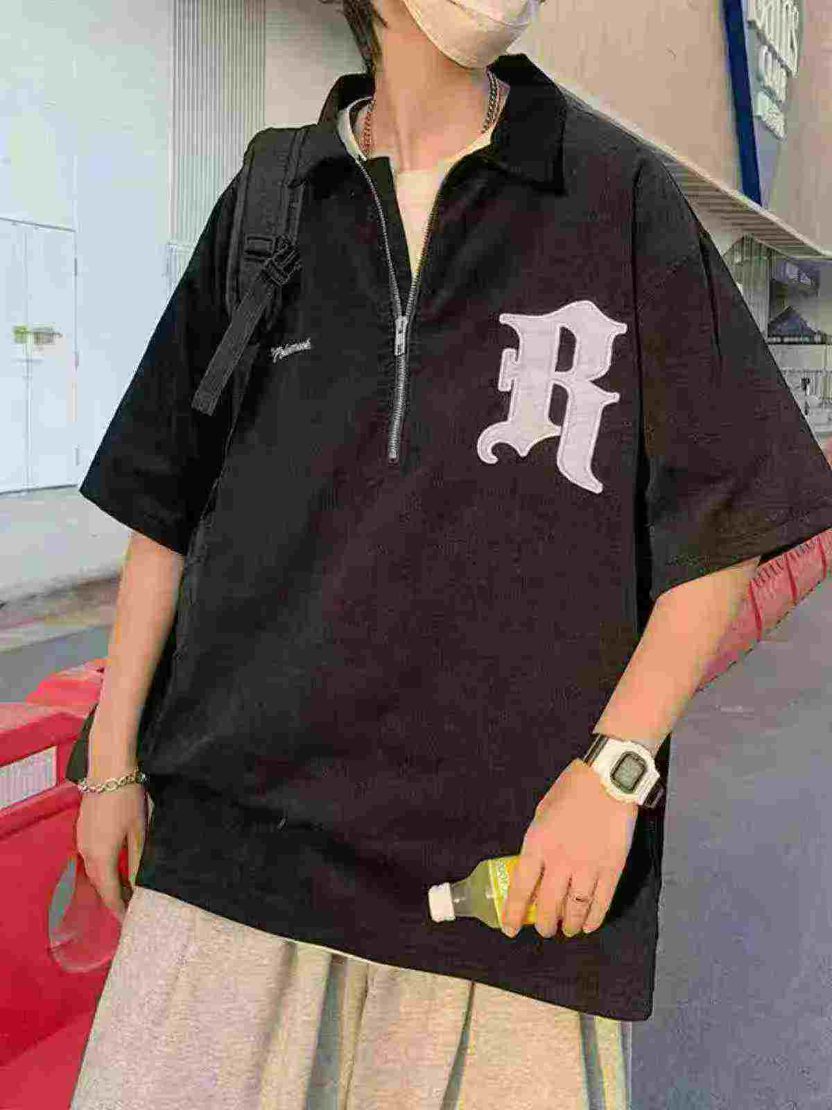 Kaos Polo T-shirt Lengan Pendek Resleting Setengah Bordir Gaya Amerika Model Longgar Untuk Pria, 2922 Buah - Image 8