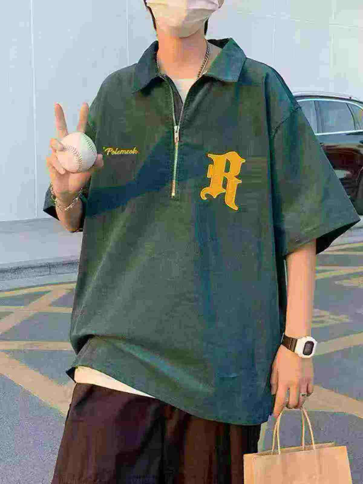 Kaos Polo T-shirt Lengan Pendek Resleting Setengah Bordir Gaya Amerika Model Longgar Untuk Pria, 2922 Buah - Image 9