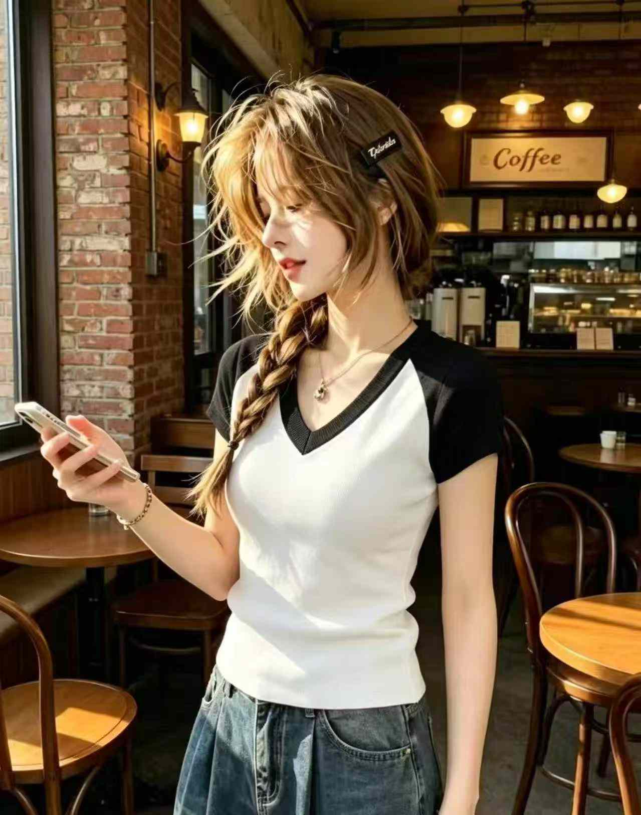 Áo thun dệt kim ôm dáng cổ V lụa đá tay raglan tương phản mùa hè, 435 chiếc - Image 4