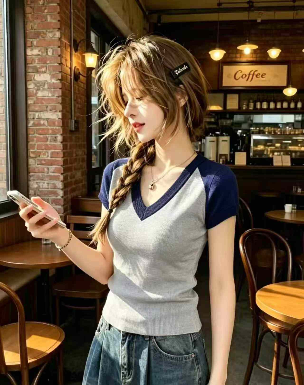 Áo thun dệt kim ôm dáng cổ V lụa đá tay raglan tương phản mùa hè, 435 chiếc - Image 5