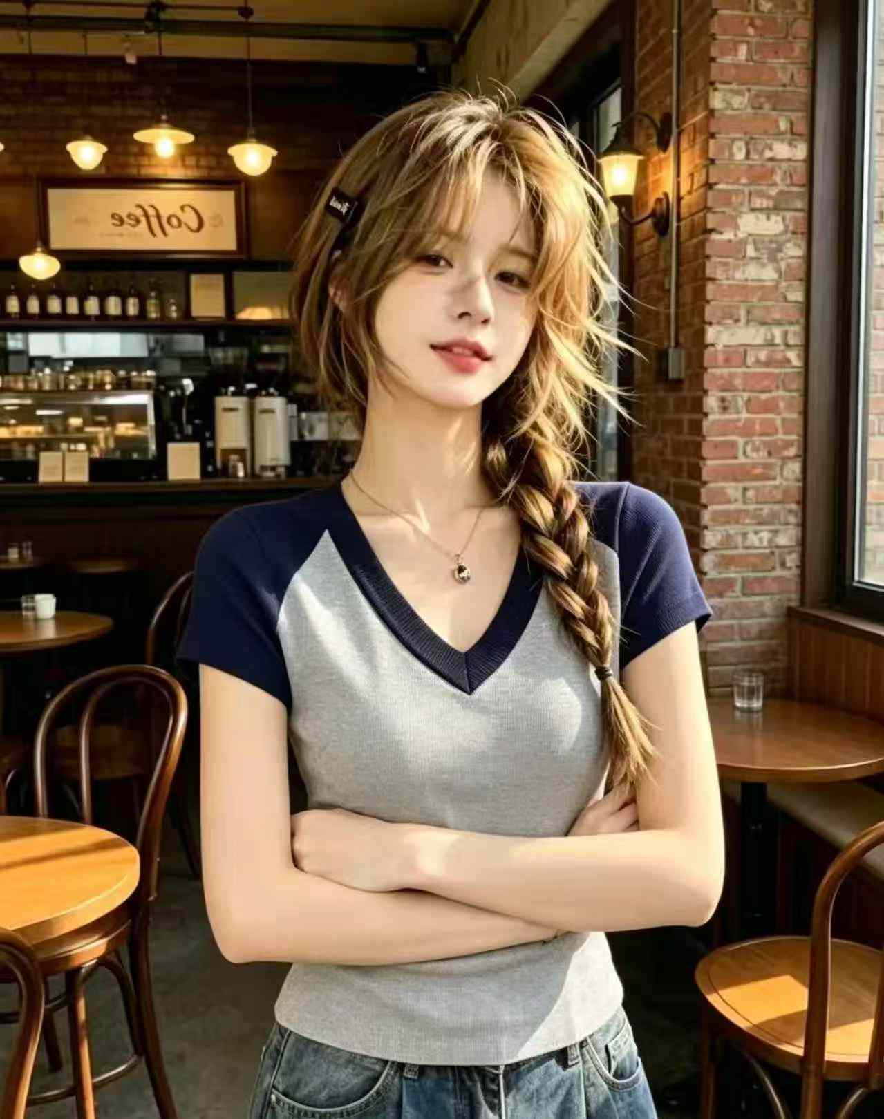 Áo thun dệt kim ôm dáng cổ V lụa đá tay raglan tương phản mùa hè, 435 chiếc - Image 6